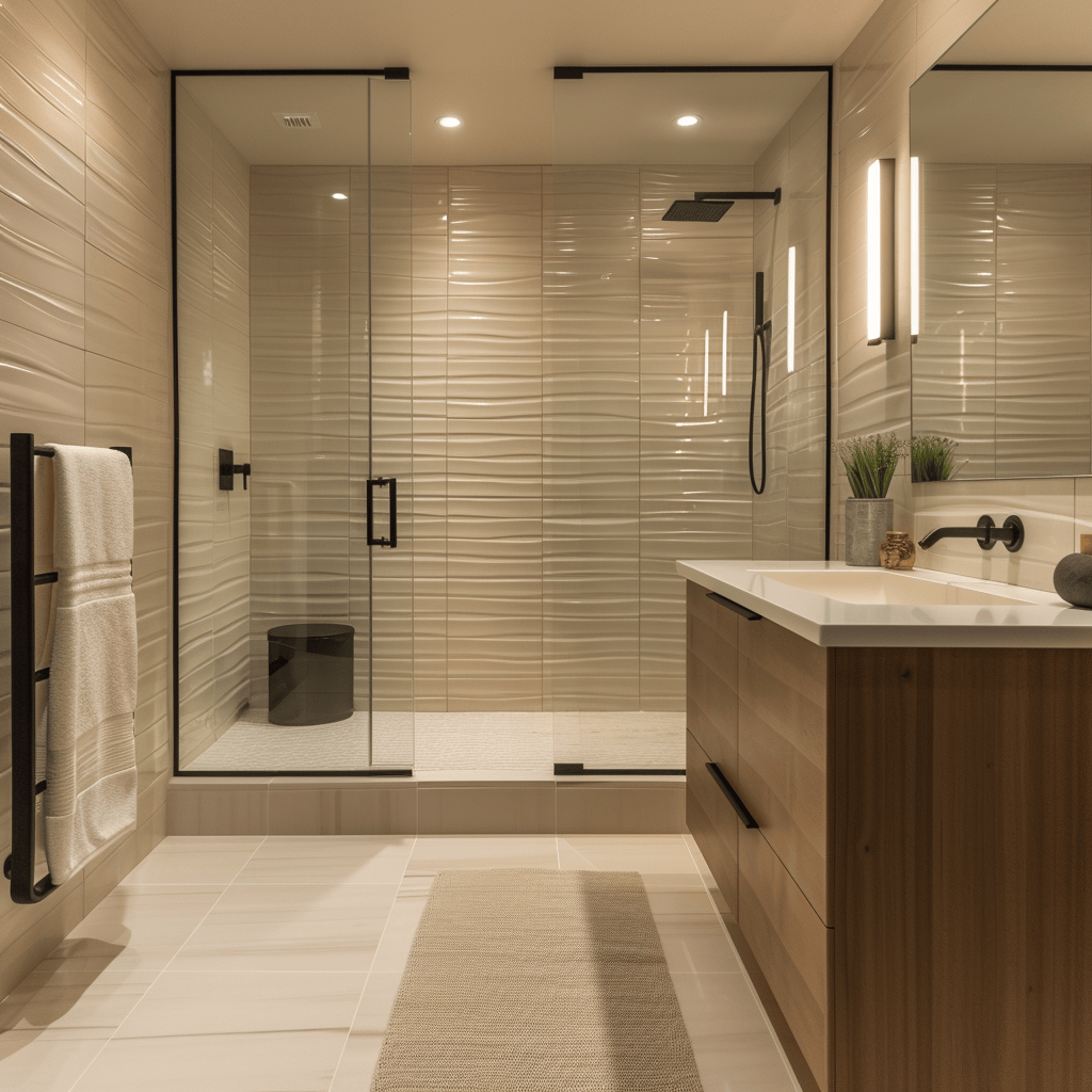 A modern bathroom showcasing clean lines, geometric shapes, and a minimalist aesthetic with sleek fixtures and a frameless glass shower, modern bathroom