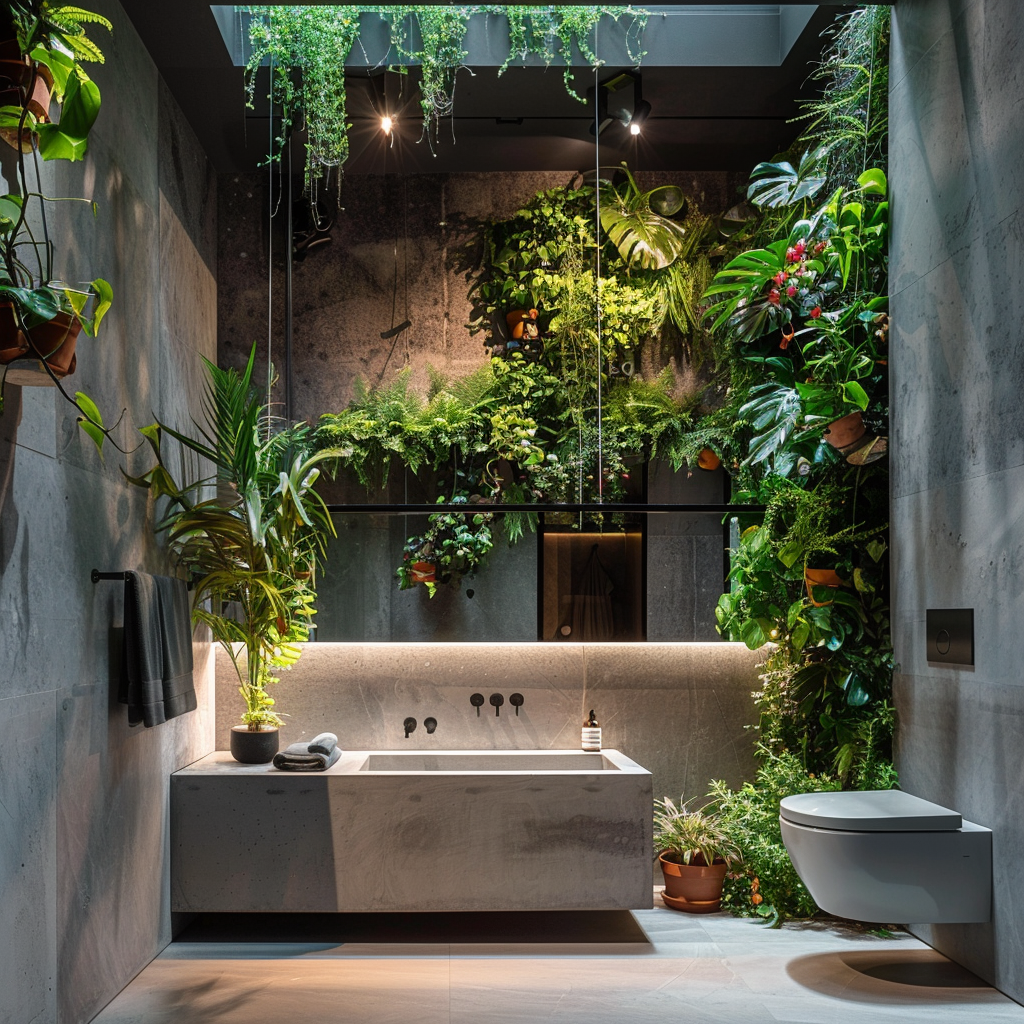 A modern bathroom that brings nature indoors with the addition of potted plants, hanging terrariums, or a stunning living wall, modern bathroom