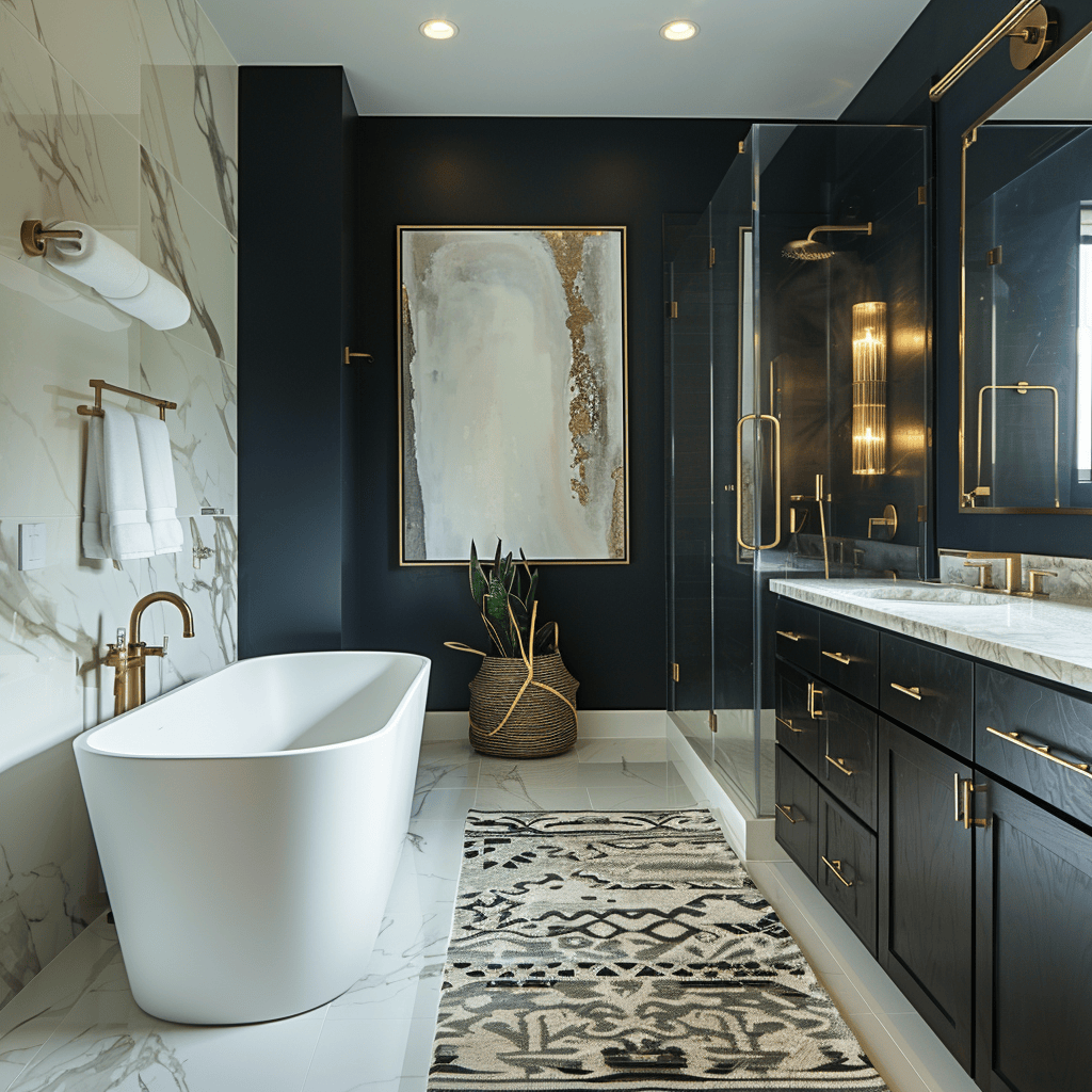 A modern bathroom that features a mix of metal finishes, such as brushed nickel, matte black, and gold accents, creating visual interest and depth, modern bathroom