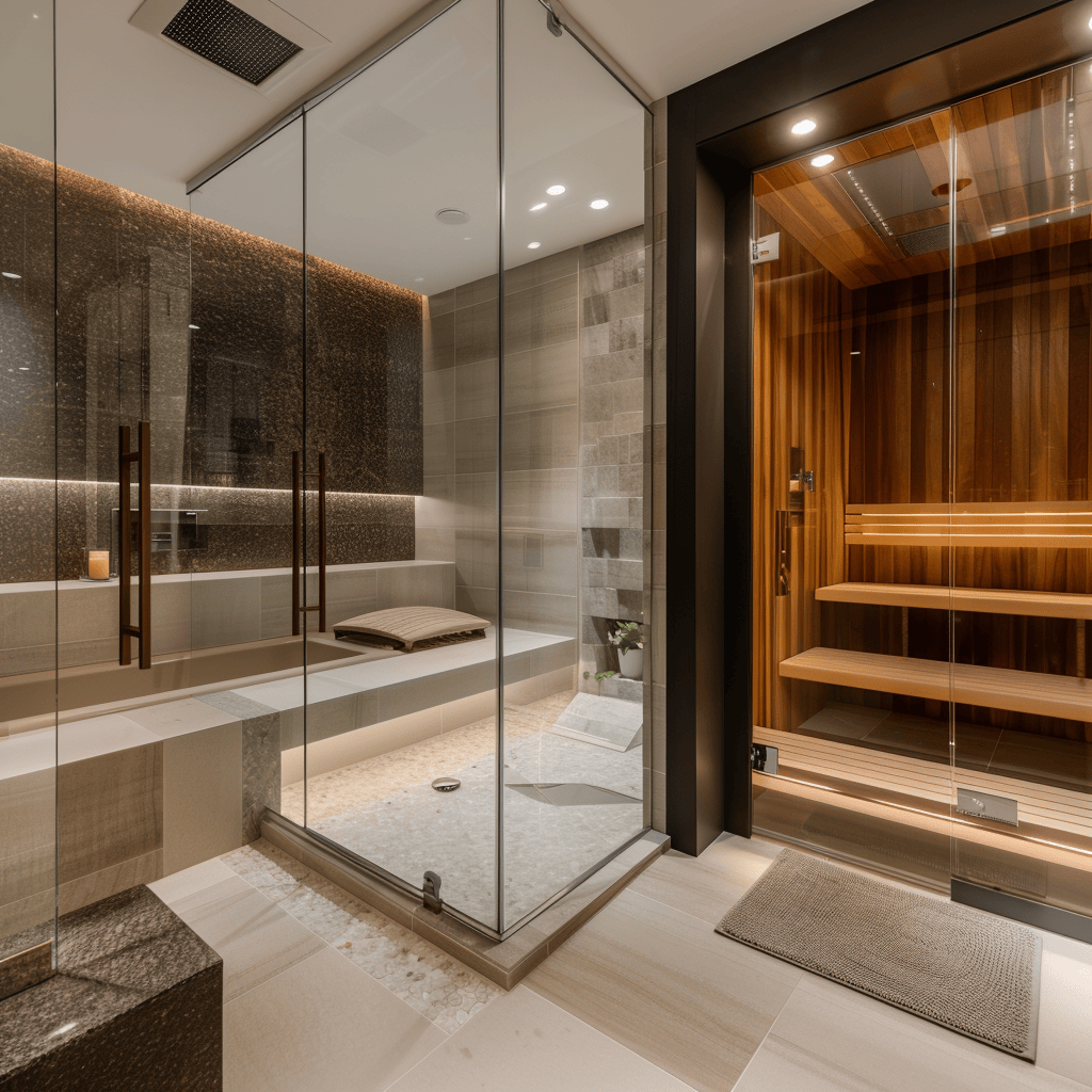 A modern bathroom that incorporates a sleek, glass-enclosed sauna or steam room, providing the ultimate in-home spa experience, modern bathroom