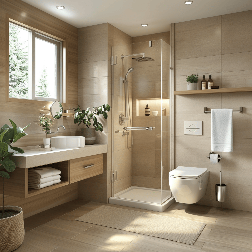 A modern bathroom that incorporates universal design principles, featuring a curbless shower, grab bars, and a comfort-height toilet, ensuring accessibility for all users, modern bathroom