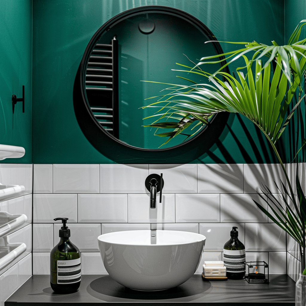 A modern bathroom with a high-contrast color scheme of black and white, balanced by a pop of emerald green in the form of a lush, potted plant