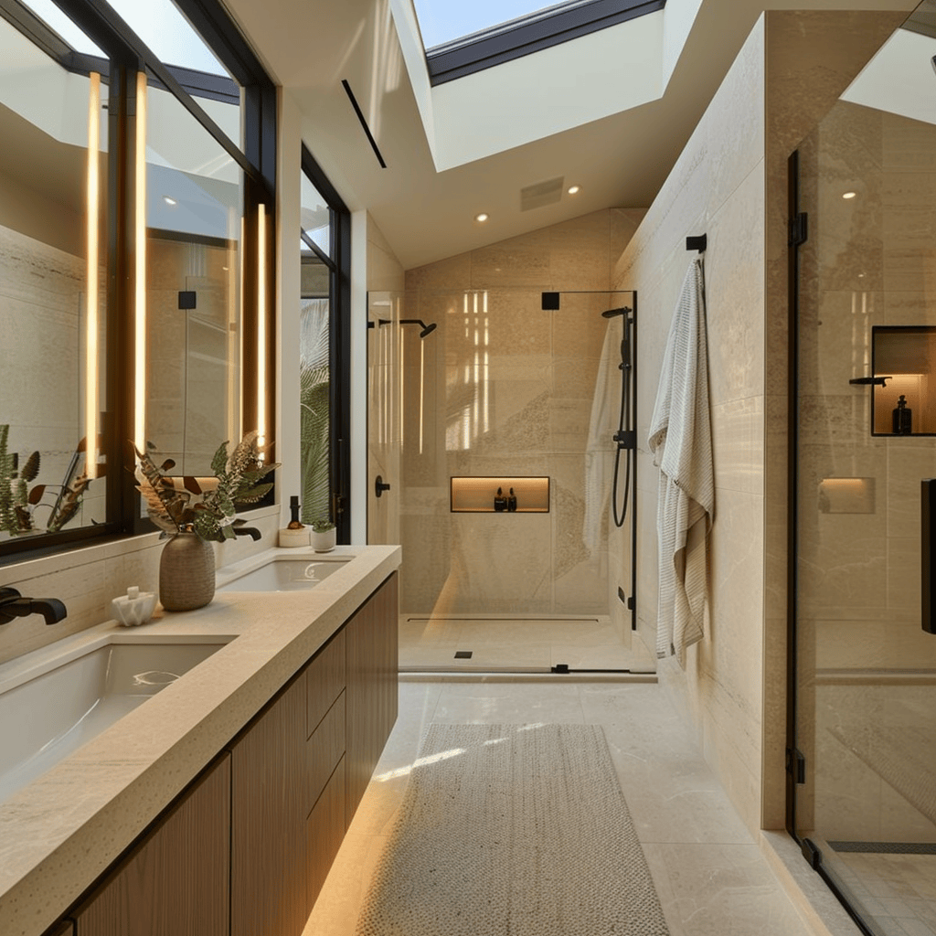 A modern bathroom with a layered lighting scheme, including natural light from skylights, task lighting around the vanity, and ambient lighting with dimmers, modern bathroom