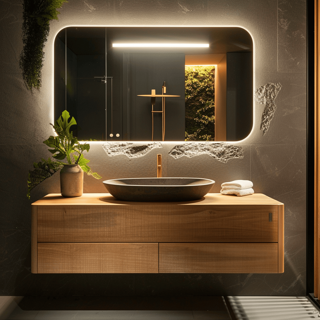 A modern bathroom with a unique, statement-making vanity and mirror combination, such as a floating vanity with a vessel sink and a backlit mirror, modern bathroom