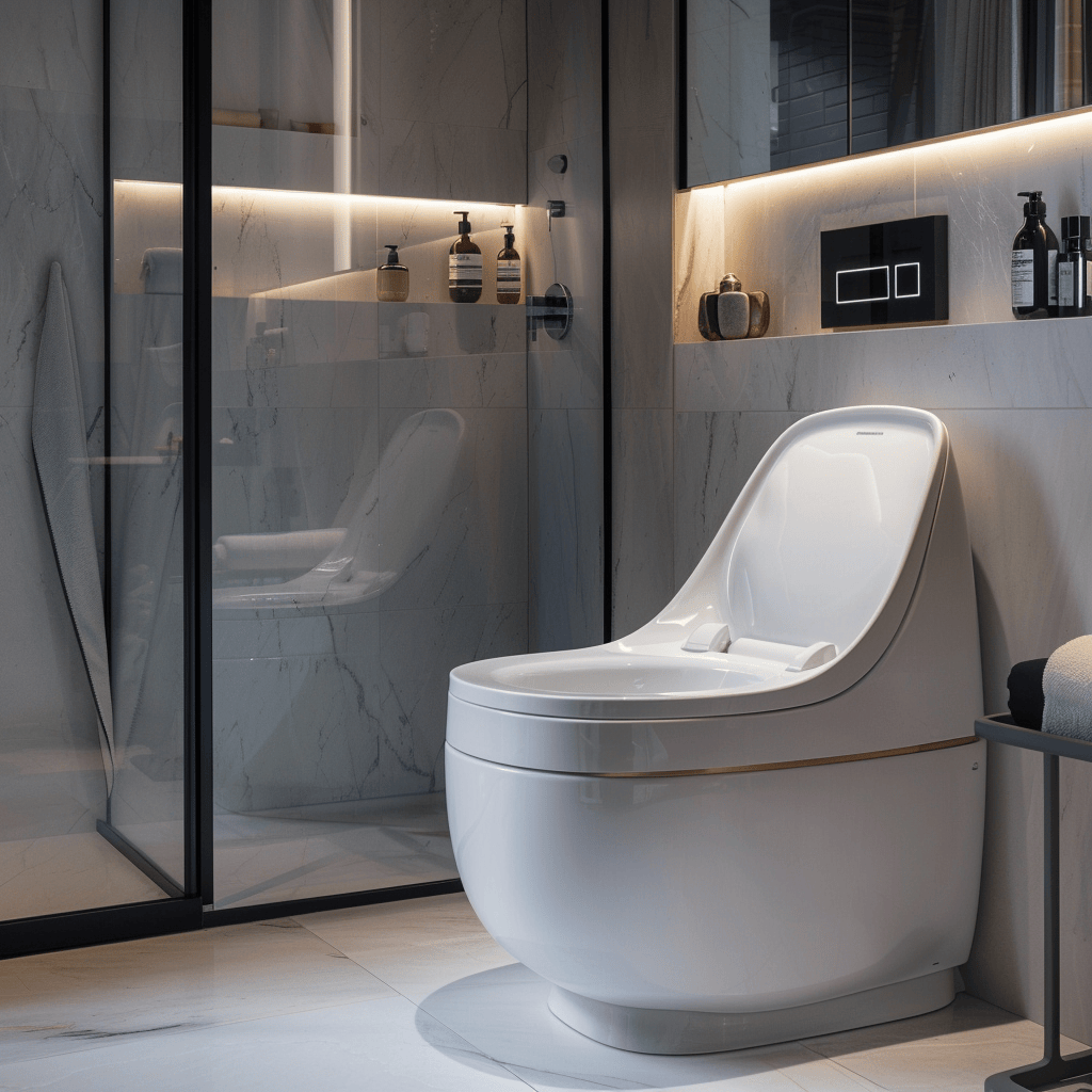 A modern bathroom with an intelligent toilet, offering features like a heated seat, built-in bidet, self-cleaning function, and hands-free flushing, modern bathroom