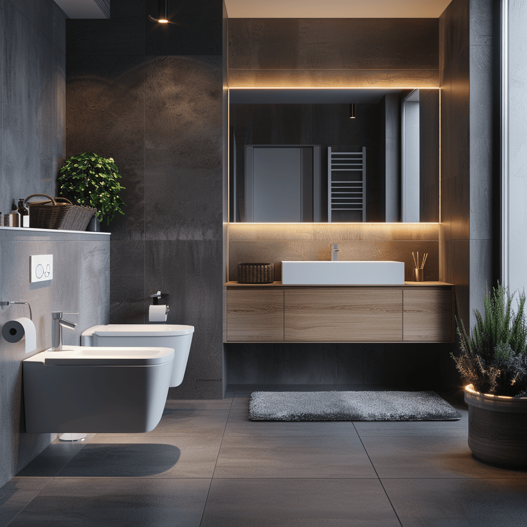 A modern bathroom with energy-efficient LED lighting and ventilation systems, minimizing energy waste and promoting a healthier environment, modern bathroom