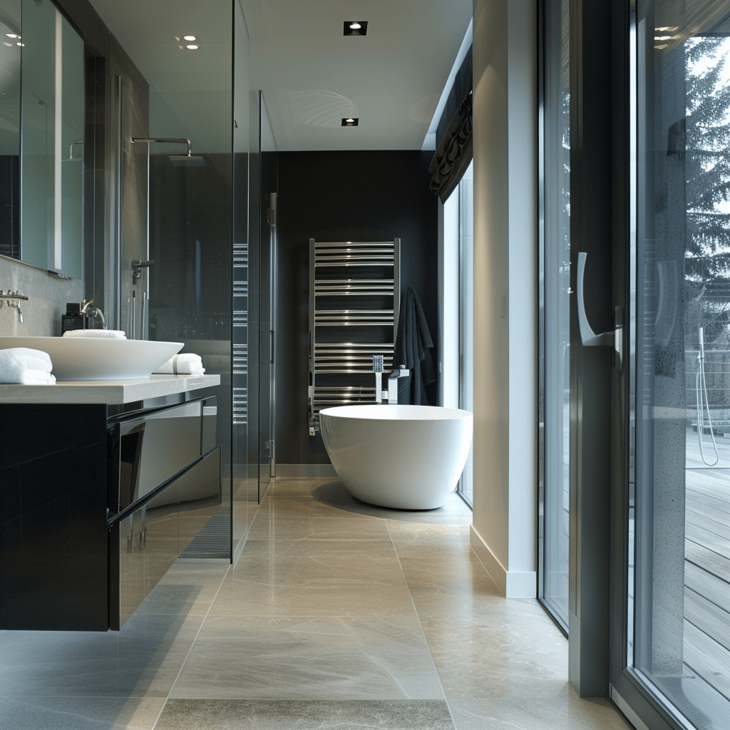 A modern bathroom with the luxurious addition of heated floors and a towel warmer, providing ultimate comfort and indulgence, modern bathroom