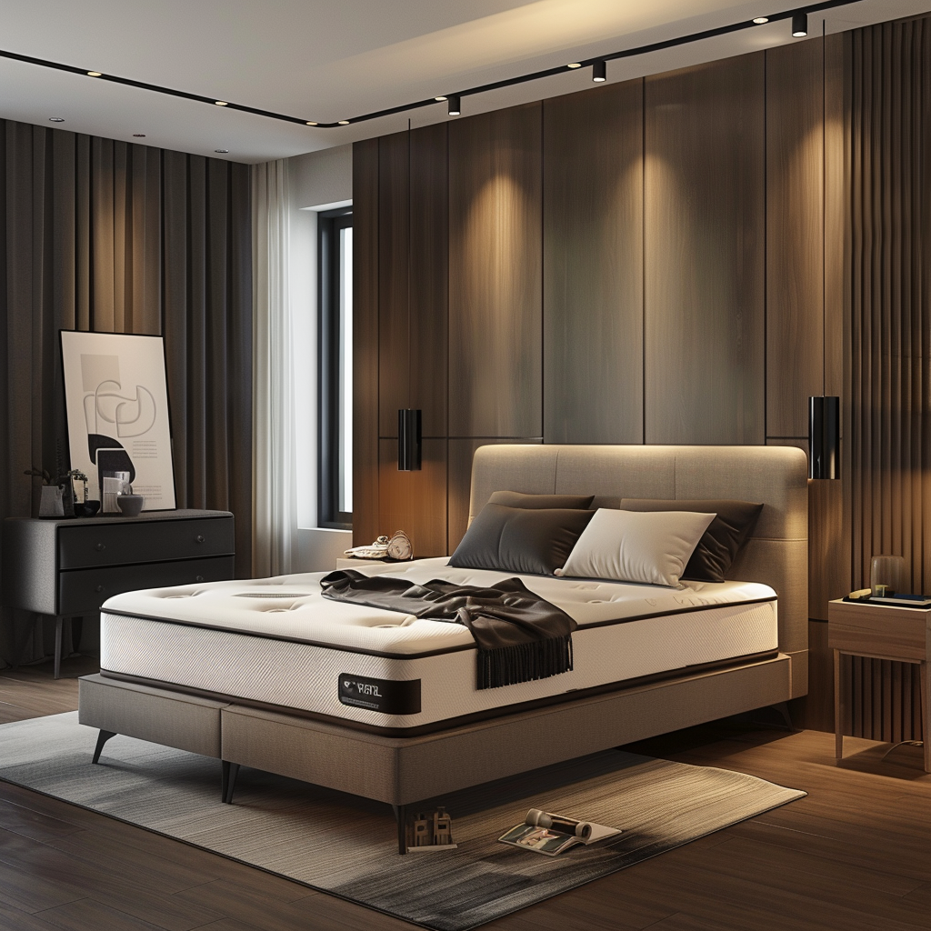 A modern bedroom featuring a variety of mattress types, including memory foam, latex, and hybrid, showcasing the benefits of each3