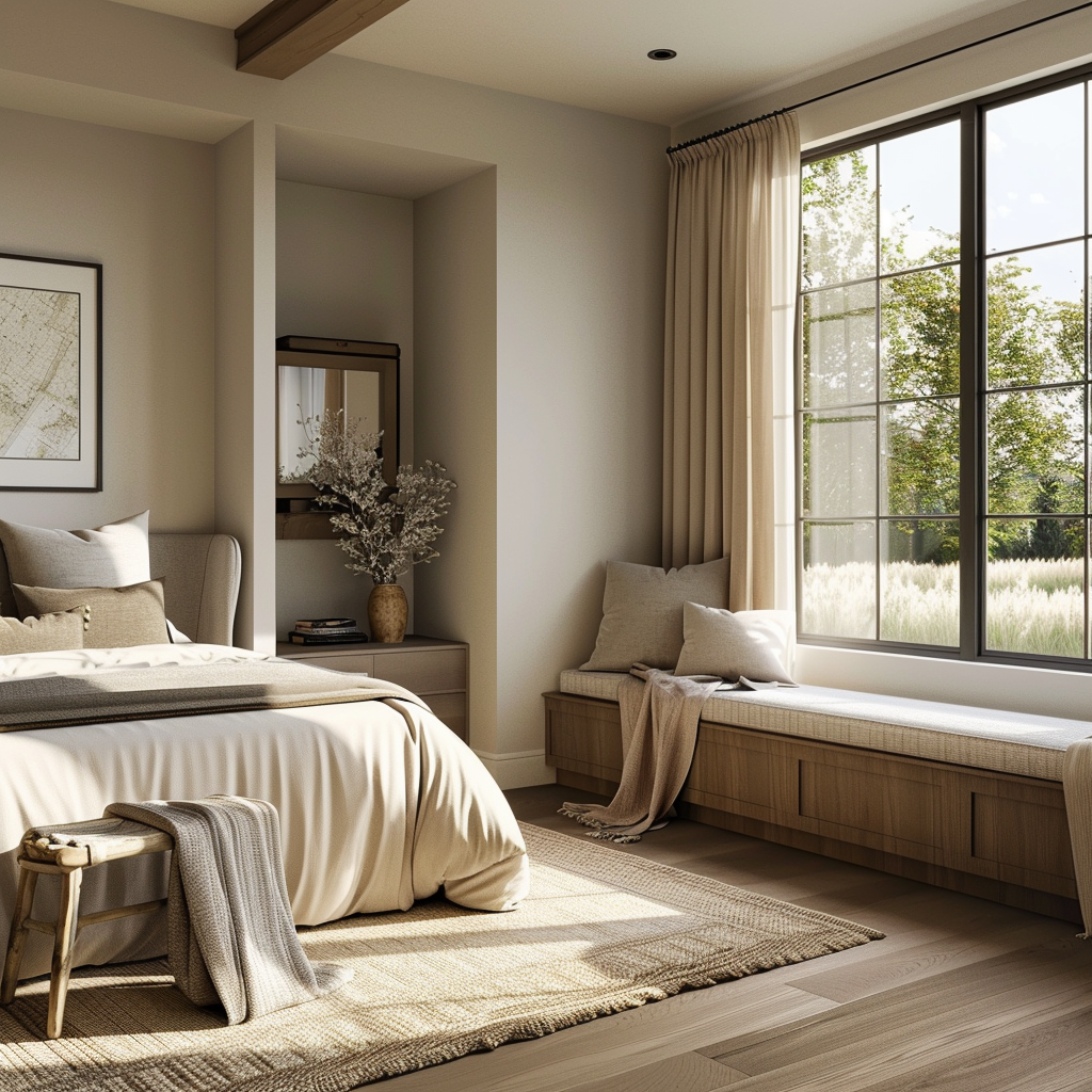 A modern bedroom filled with natural light, featuring a cozy reading nook and a calming color palette, promoting relaxation2