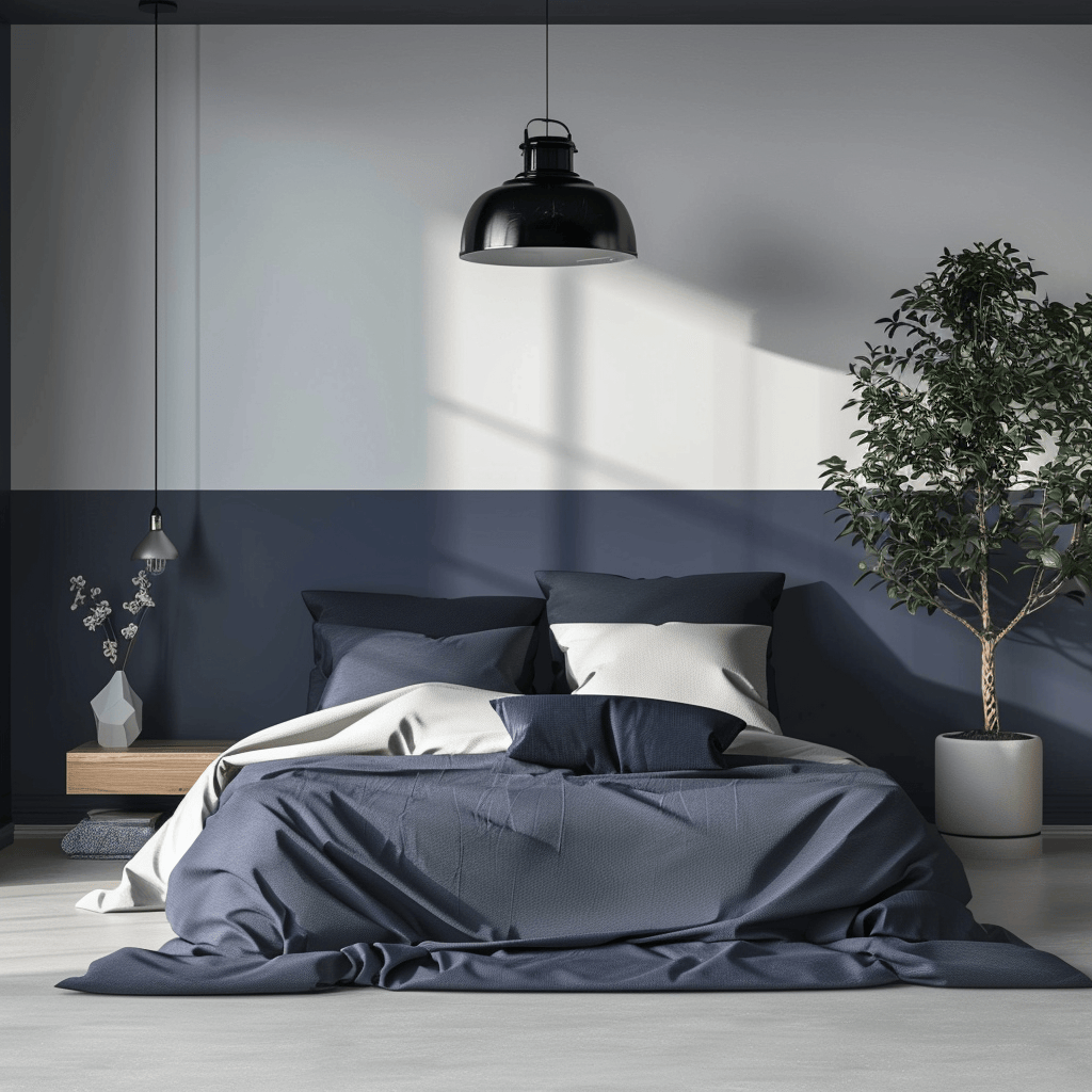 A modern bedroom showcasing a two-tone paint color scheme, with the lower half of the walls in a deep navy and the upper half in a soft, light gray