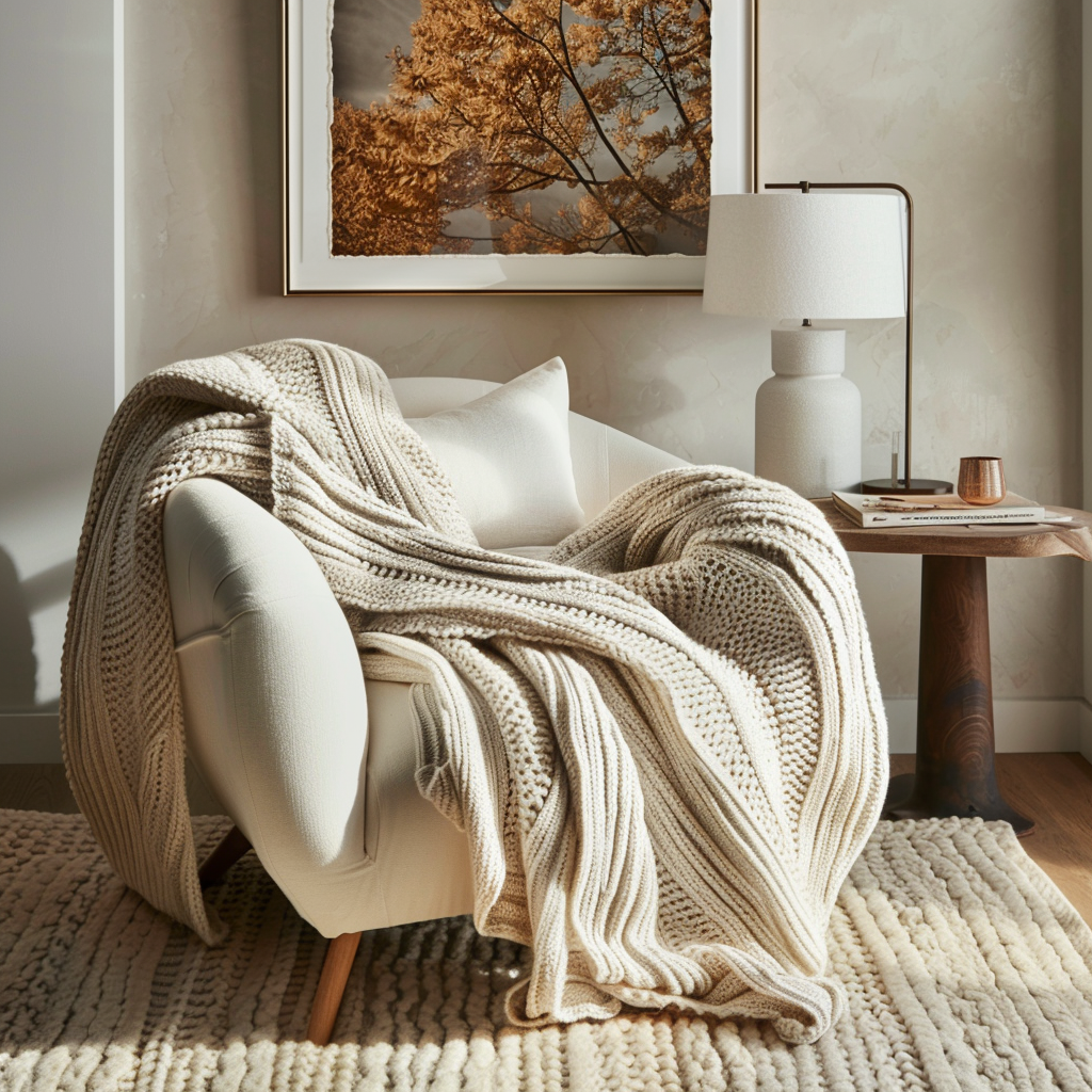 A modern bedroom with a cozy reading nook featuring a soft, oversized knit throw draped over a comfortable armchair2