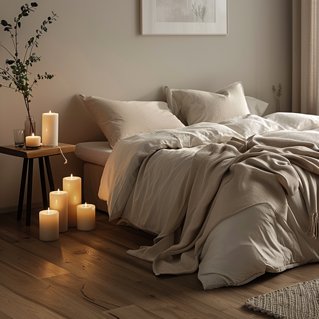 A modern bedroom with a few strategically placed scented candles, creating a warm and inviting ambiance that encourages relaxation3