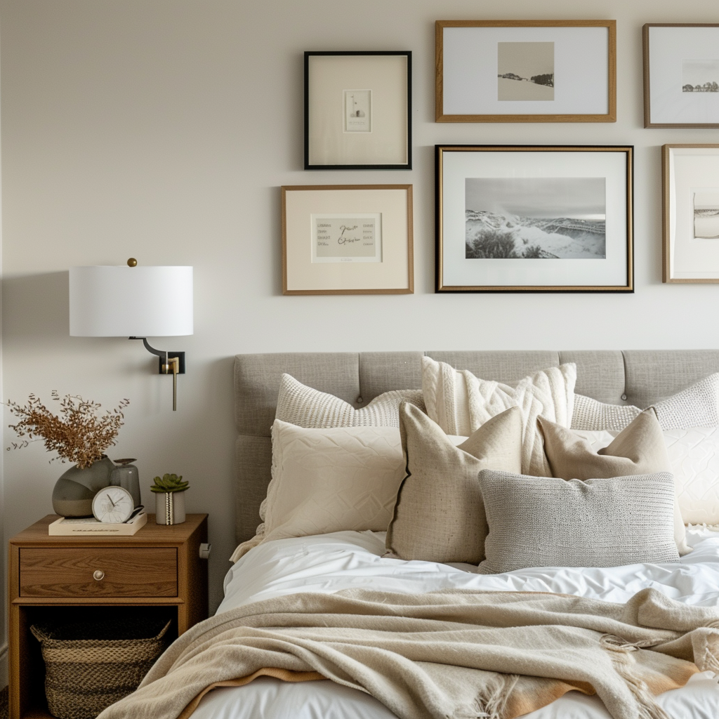 A modern bedroom with a gallery wall featuring cherished family photos and meaningful artwork, adding a personal touch to the space3