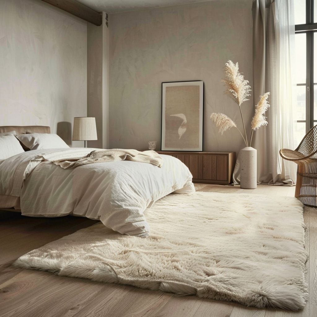 A modern bedroom with a luxurious, high-pile area rug in a soft neutral color, adding warmth and comfort underfoot2