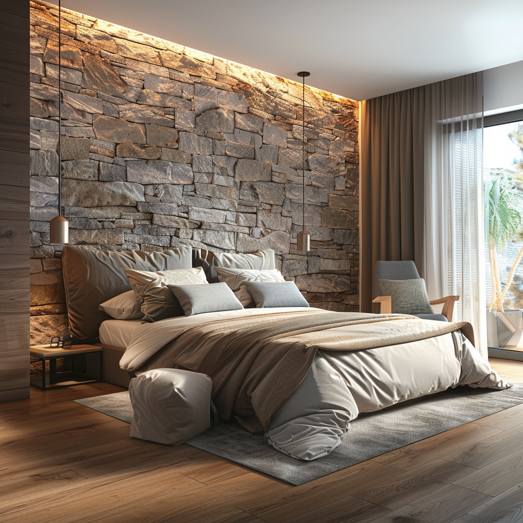 A modern bedroom with a natural stone accent wall and warm wood floors, creating a grounding and calming energy4