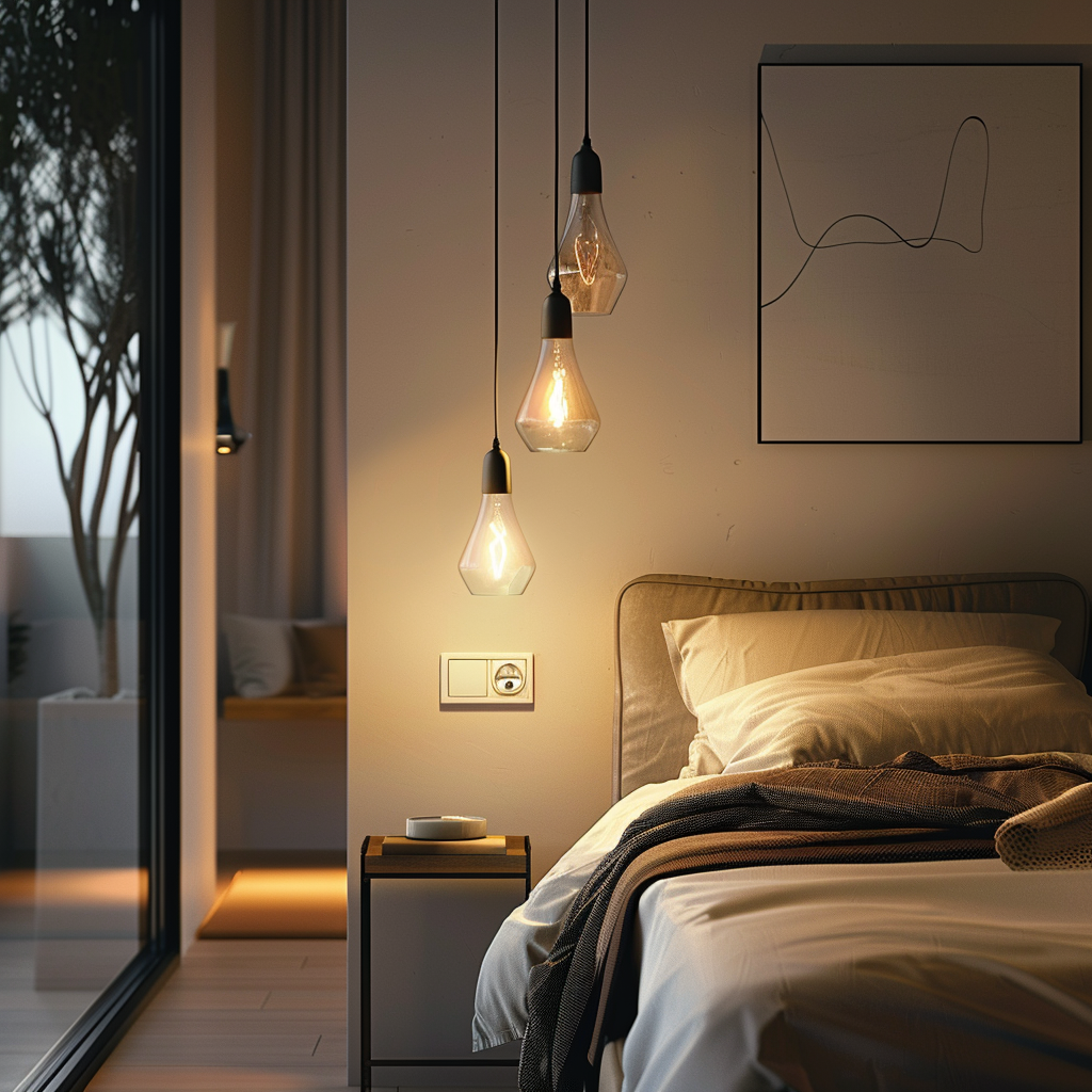 A modern bedroom with a sleek dimmer switch and warm, glowing pendant lights, creating a cozy and inviting atmosphere3