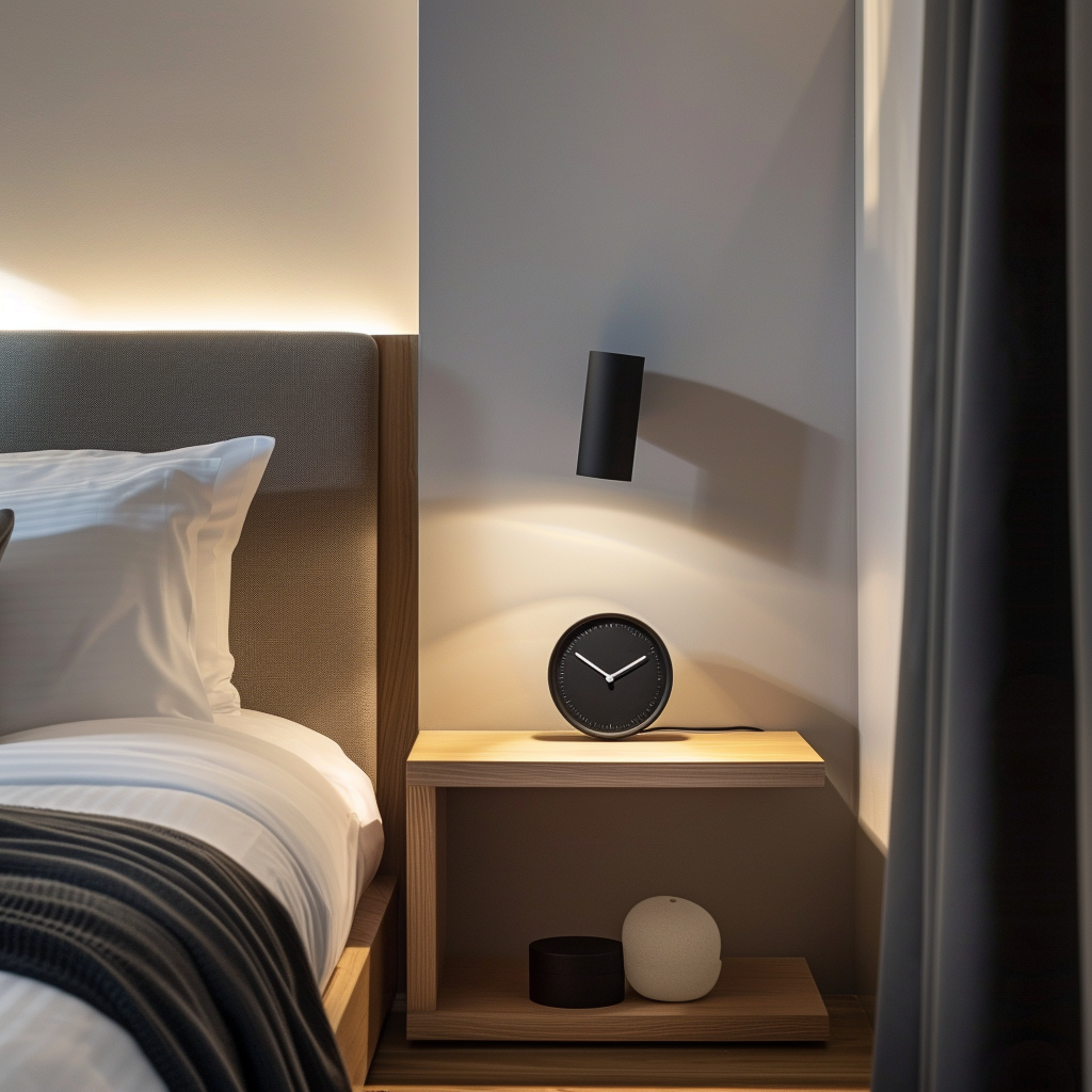 A modern bedroom with a sleek, minimalist analog alarm clock on the nightstand, replacing the need for a smartphone alarm2