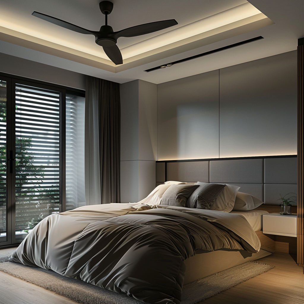 A modern bedroom with a sleek, minimalist ceiling fan or a concealed air conditioning unit, maintaining a comfortable temperature4
