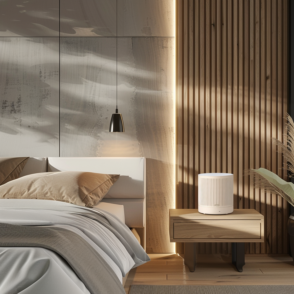 A modern bedroom with a sleek white noise machine on the nightstand, providing soothing background sounds for relaxation1