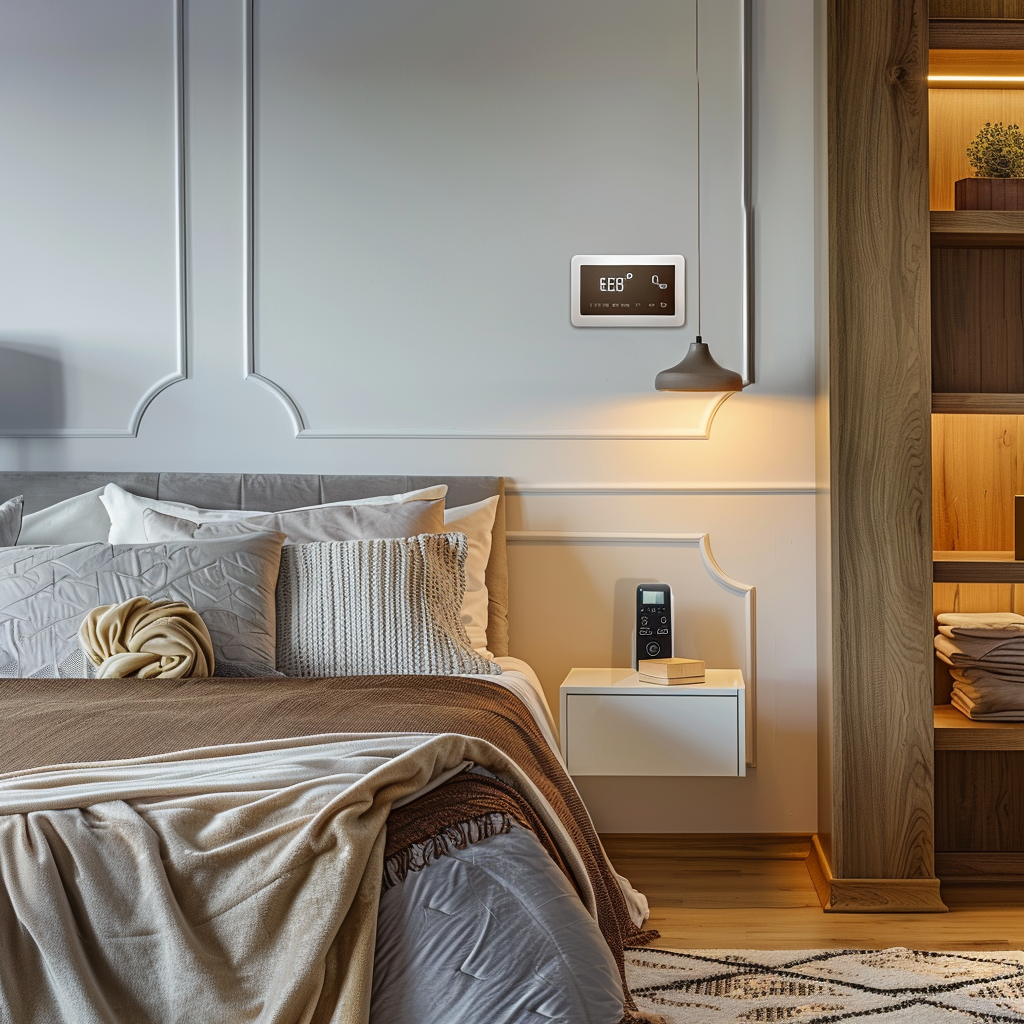 A modern bedroom with a smart programmable thermostat mounted on the wall, ensuring consistent temperature control throughout the night3