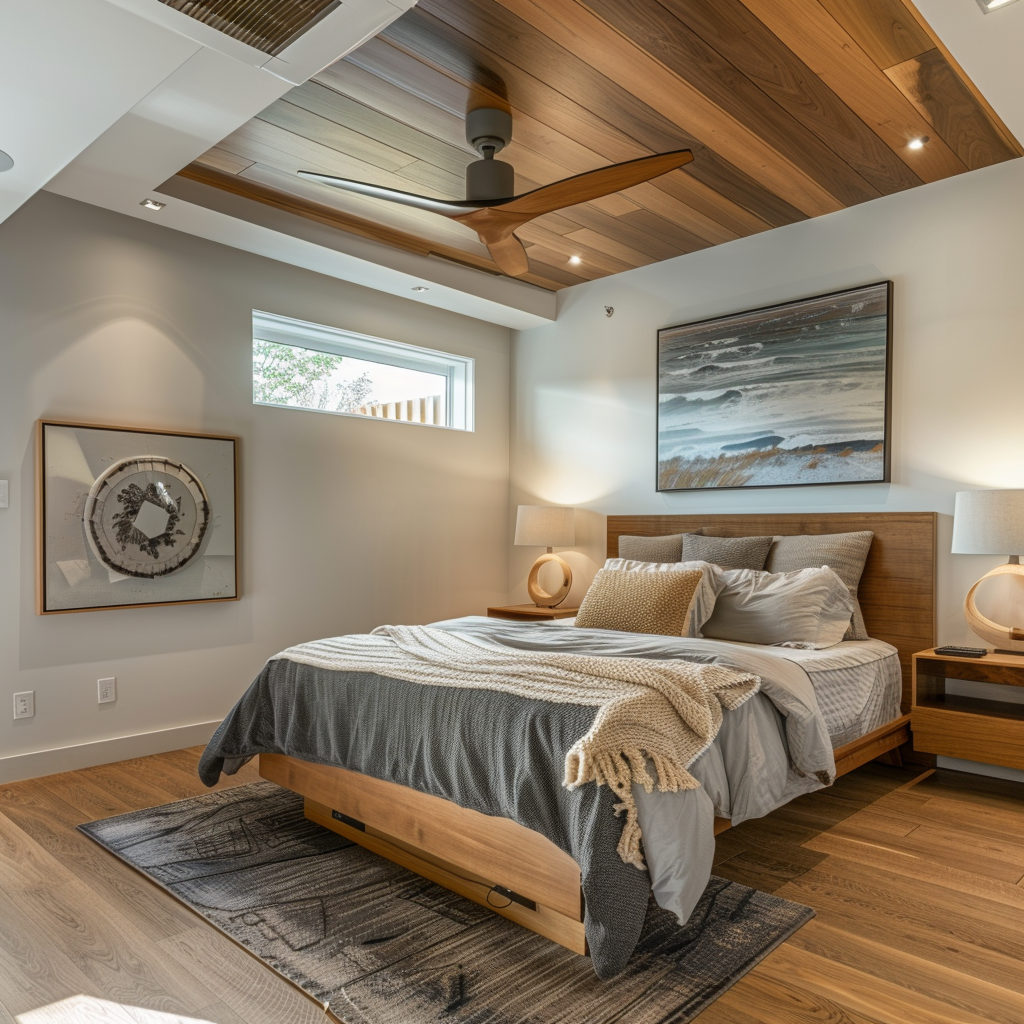 A modern bedroom with a smart thermostat and ceiling fan, creating the perfect temperature for restful sleep4