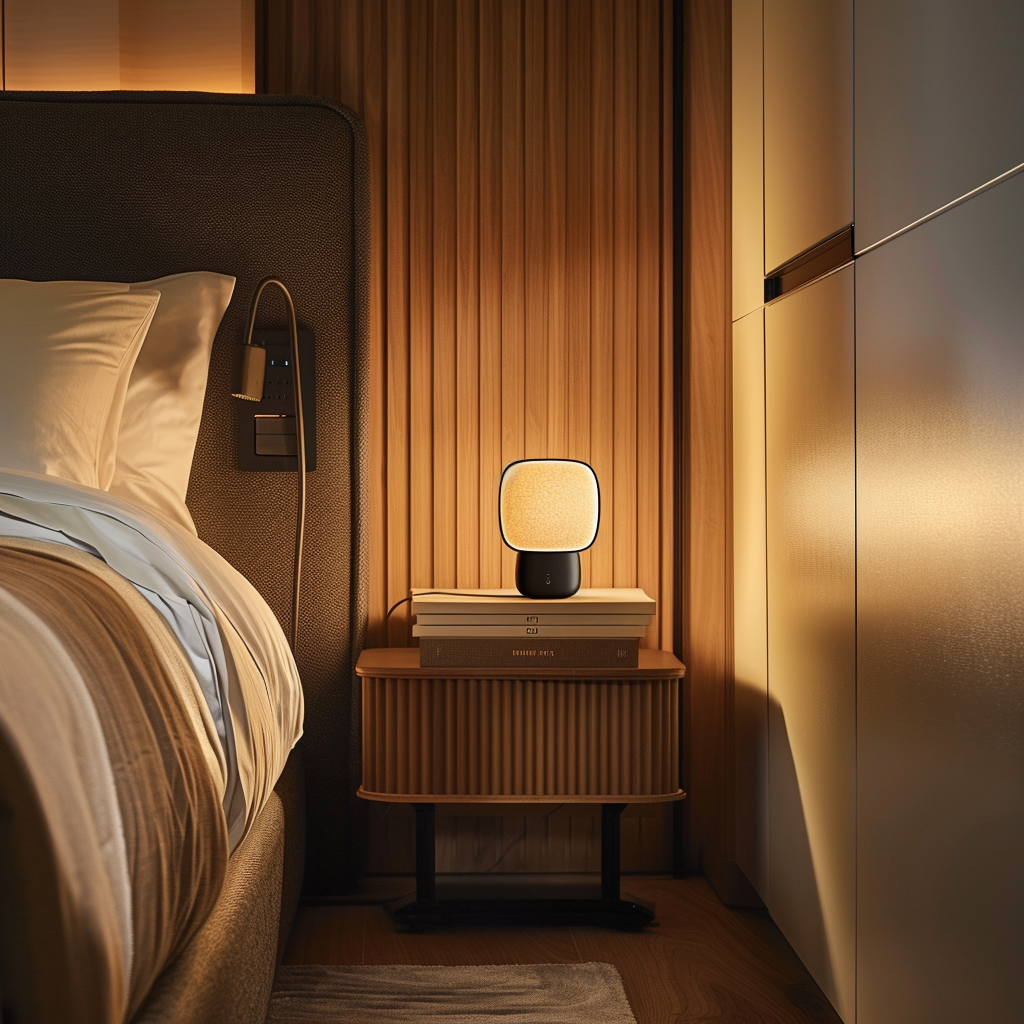 A modern bedroom with a stylish charging station located outside the room, encouraging a phone-free nighttime routine2