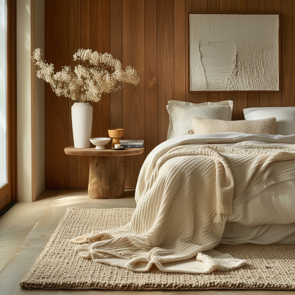 A modern bedroom with a variety of soothing textures, including a plush area rug, a soft wool throw, and smooth, natural wood accents4