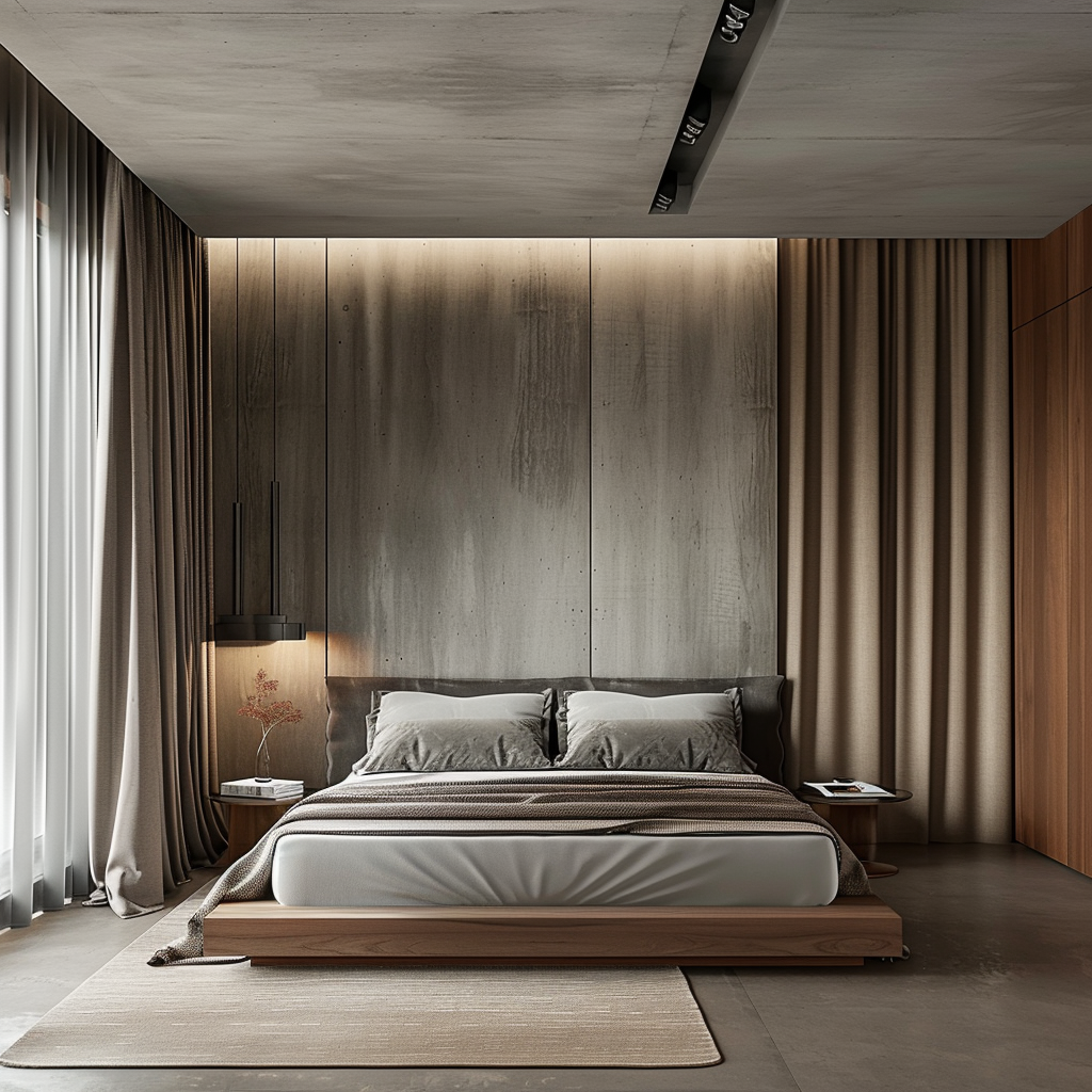 A modern bedroom with acoustic panels and thick, sound-absorbing curtains, creating a peaceful and quiet environment4