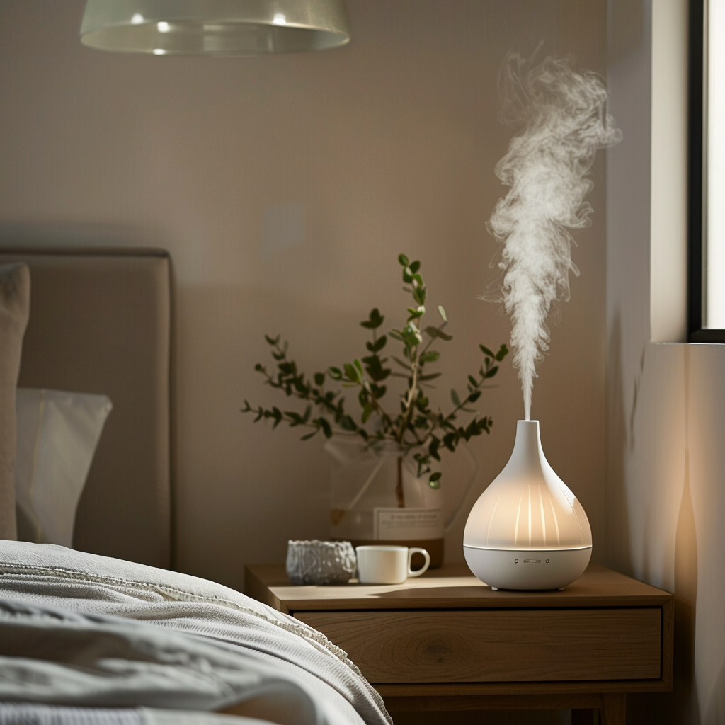 A modern bedroom with an essential oil diffuser releasing calming scents, creating a relaxing atmosphere that promotes sleep1