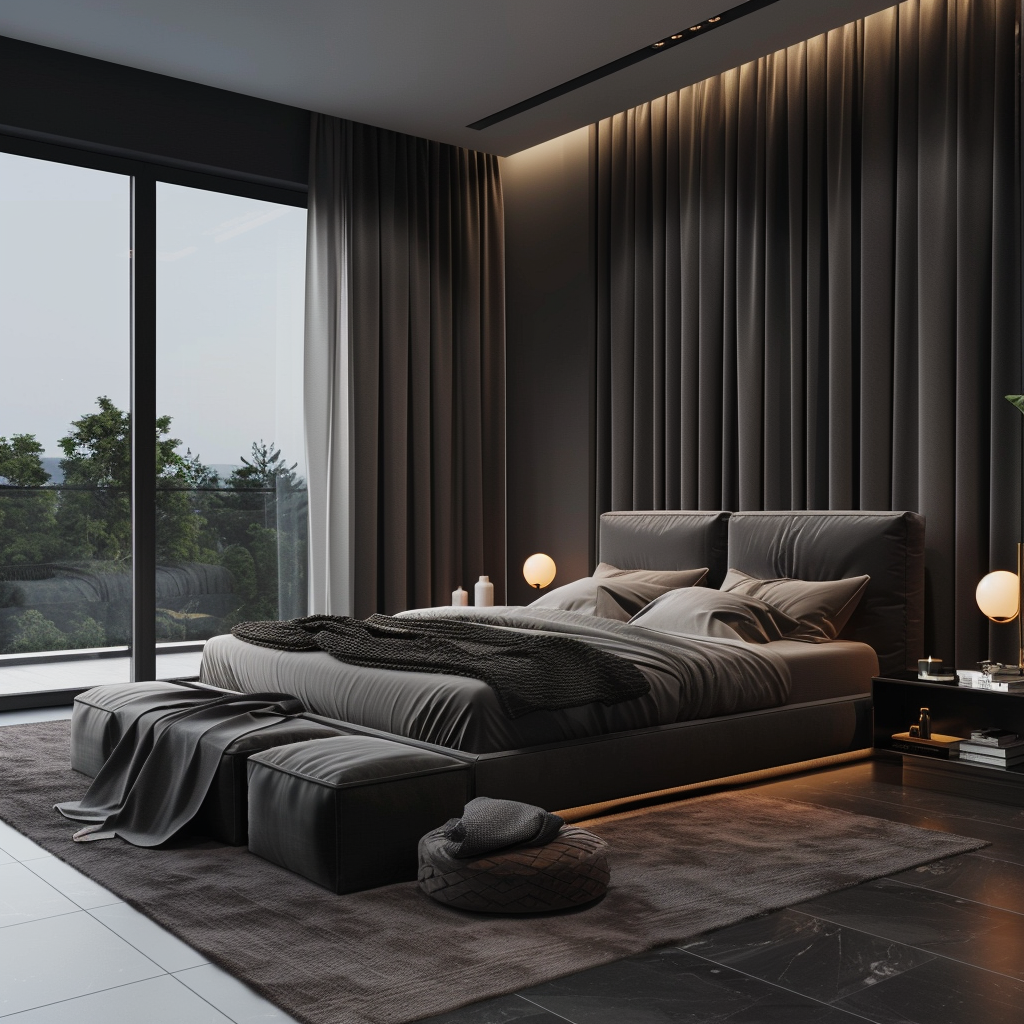 A modern bedroom with floor-to-ceiling blackout curtains, ensuring complete darkness for optimal sleep quality3