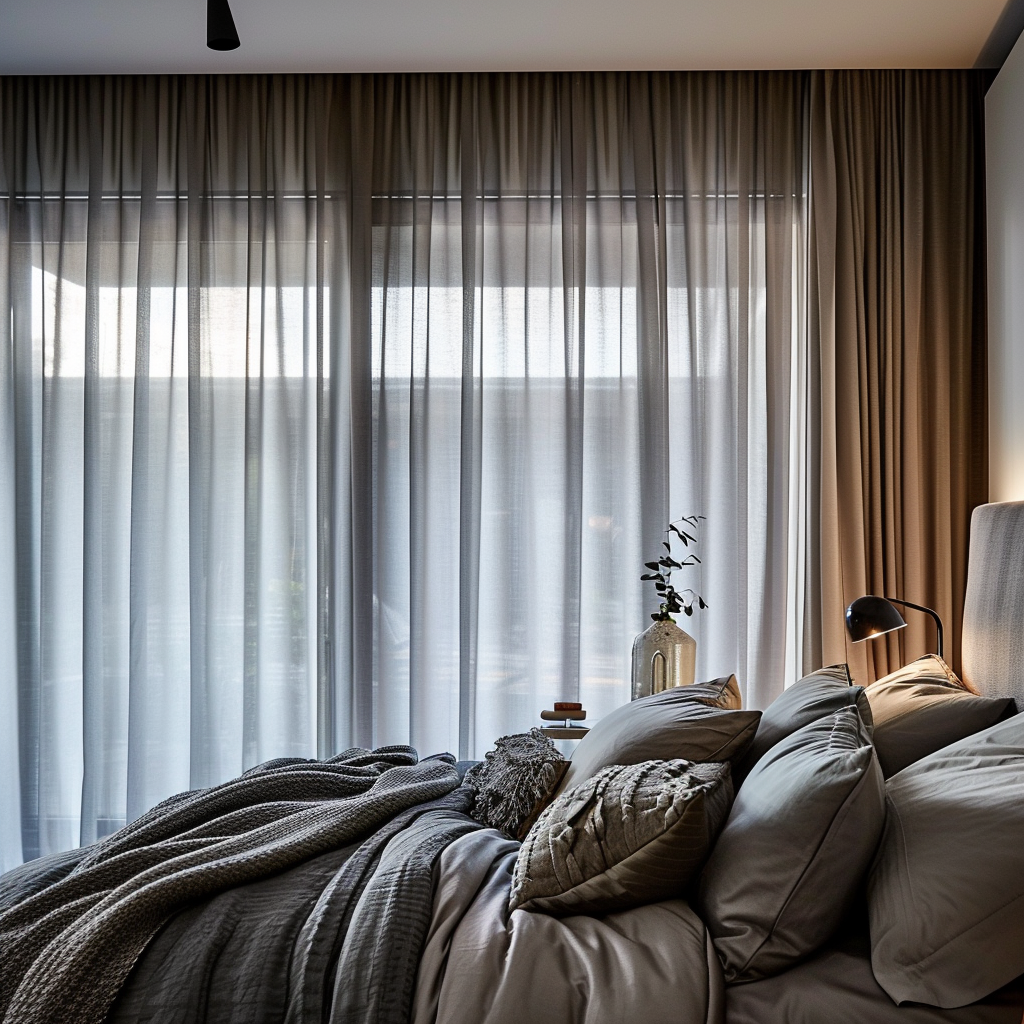 A modern bedroom with heavy, soundproof curtains that block out external noise, ensuring a peaceful night's sleep3