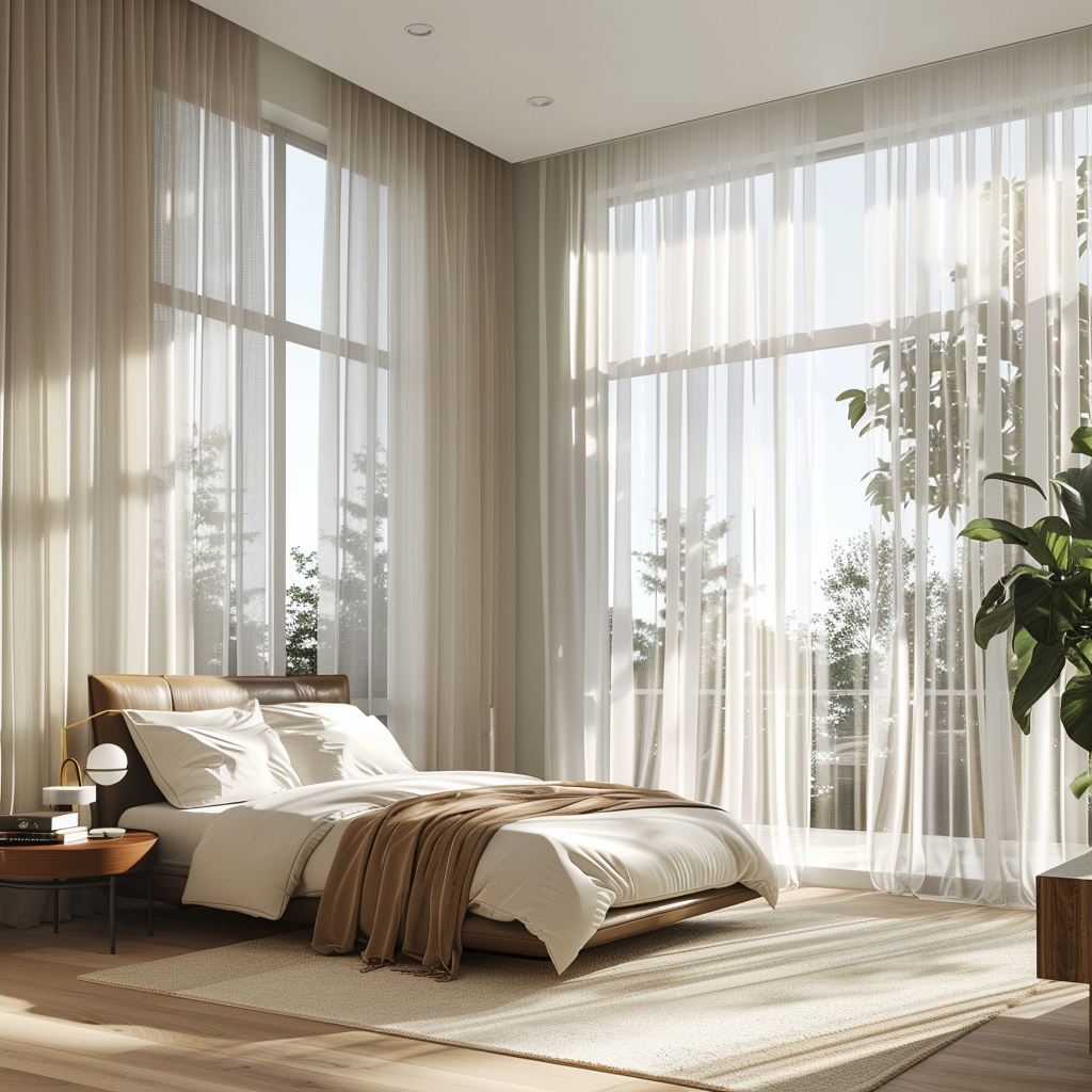A modern bedroom with large windows and sheer curtains, allowing soft, diffused natural light to fill the space during the day1