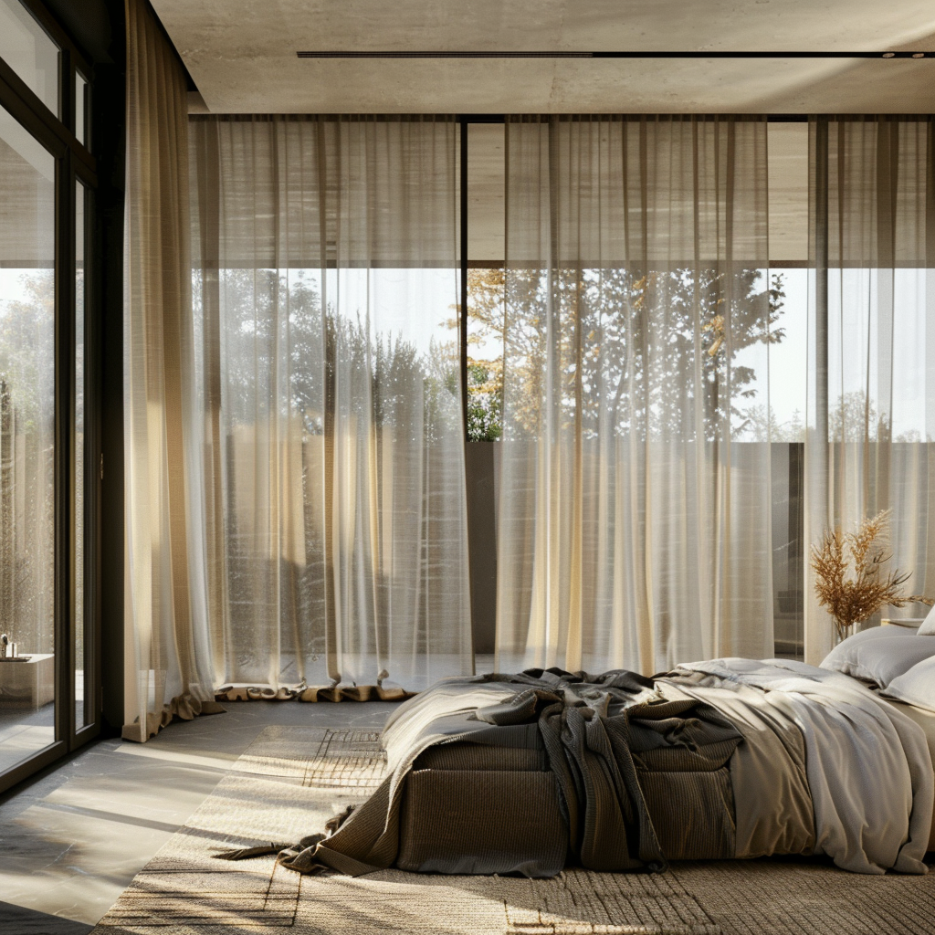 A modern bedroom with large windows and sheer curtains, allowing soft, diffused natural light to fill the space during the day3