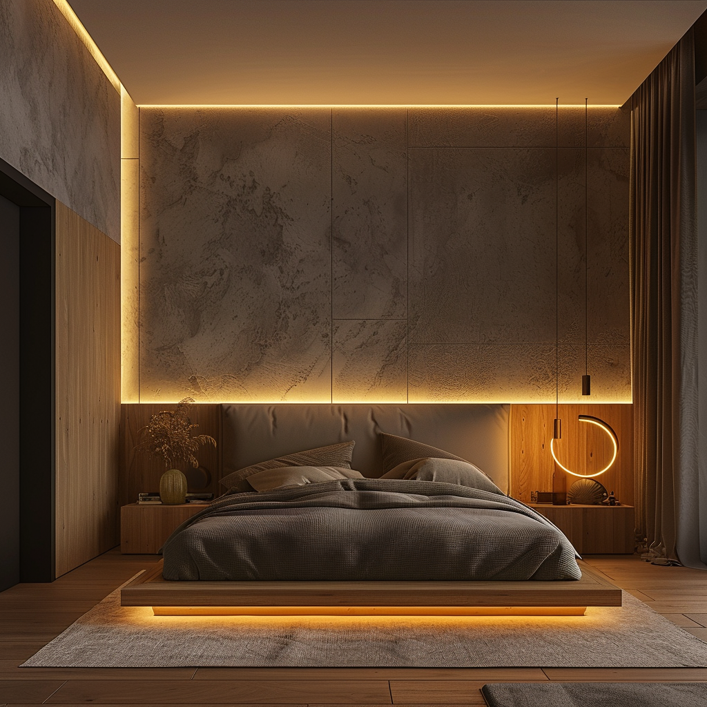 A modern bedroom with layered lighting, including a dimmer switch, warm bedside lamps, and soft indirect lighting, creating a soothing ambiance3