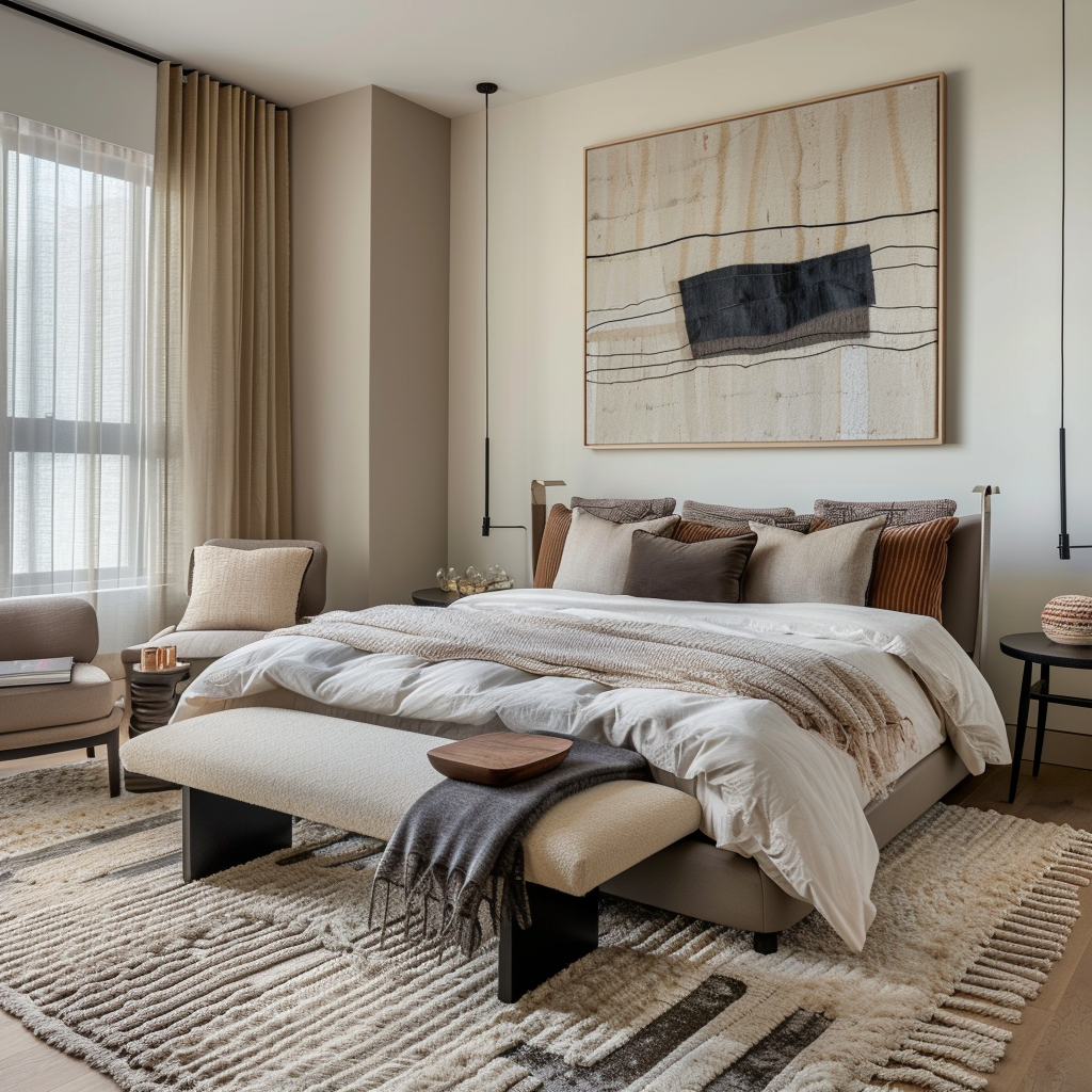 A modern bedroom with plush area rugs, upholstered furniture, and soft wall hangings, helping to absorb noise and create a quiet space1