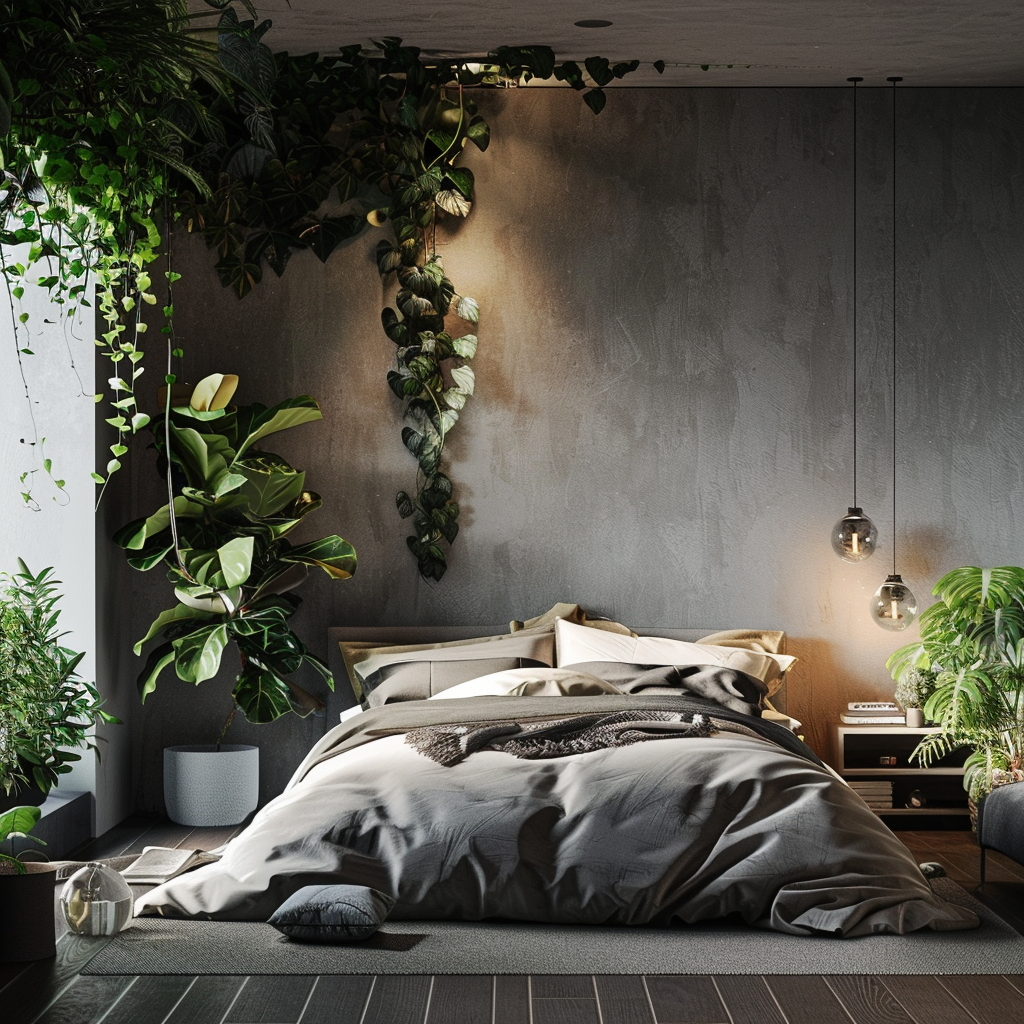 A modern bedroom with several lush, green plants, purifying the air and providing a subtle, natural fragrance3