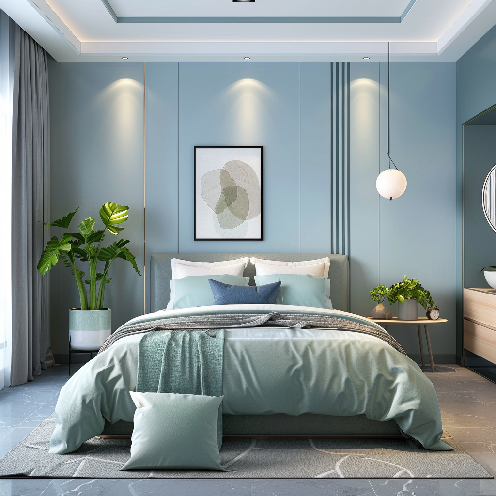 A modern bedroom with soothing blue and green hues, creating a tranquil atmosphere that encourages restful sleep2