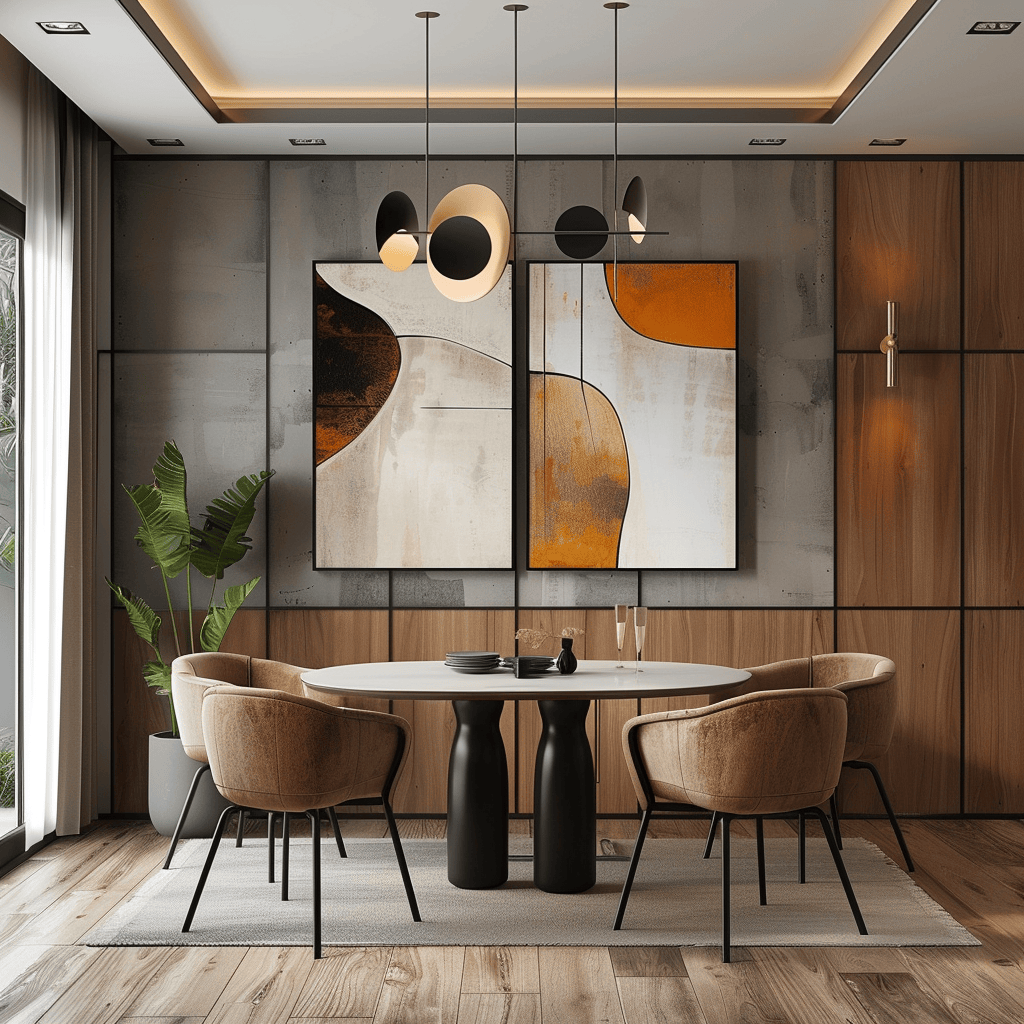 A modern dining room adorned with abstract wall art, a stylish centerpiece, and indoor plants that add personal touches and visual interest