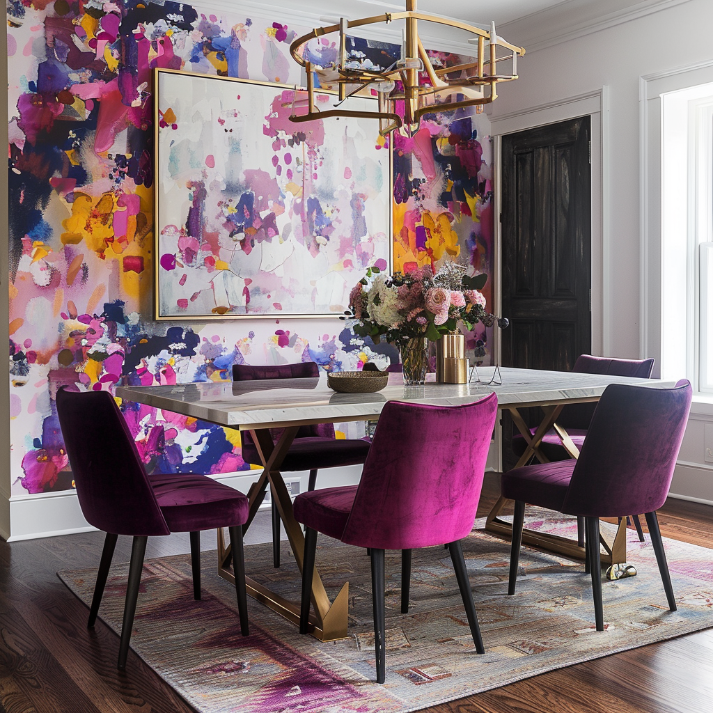 A modern dining room adorned with carefully curated paintings and prints that reflect personal taste, add visual interest, and create a gallery-inspired design