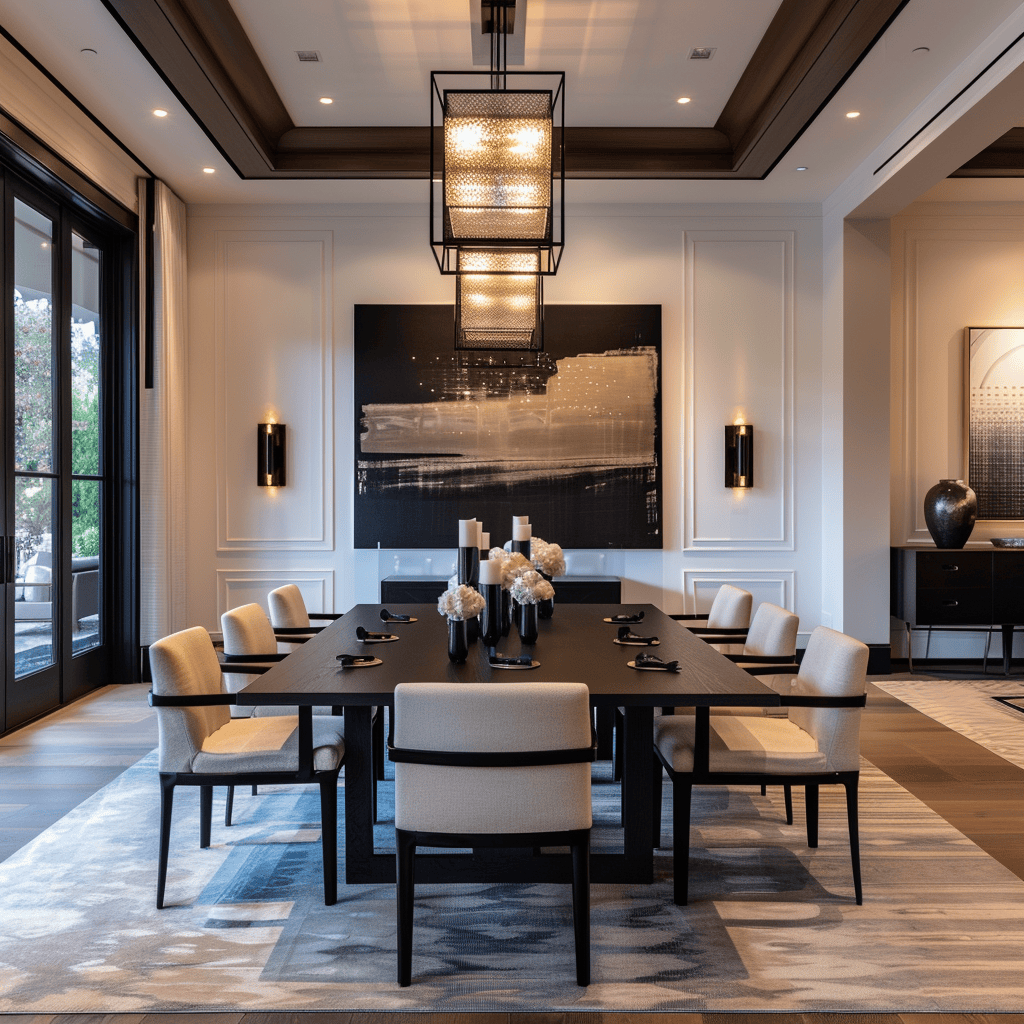 A modern dining room designed for formal dining, with a sophisticated atmosphere, elegant table setting, luxurious details, and an ambiance perfect for special occasions