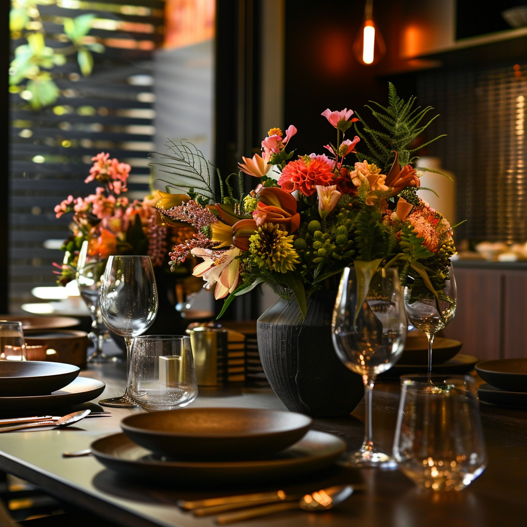 A modern dining room enhanced by fresh flowers, including floral arrangements and seasonal blooms that add natural beauty and create an inviting atmosphere