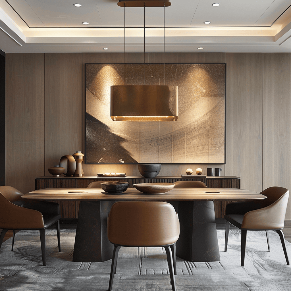 A modern dining room featuring a sleek dining table crafted from various materials with complementary finishes that create a cohesive look