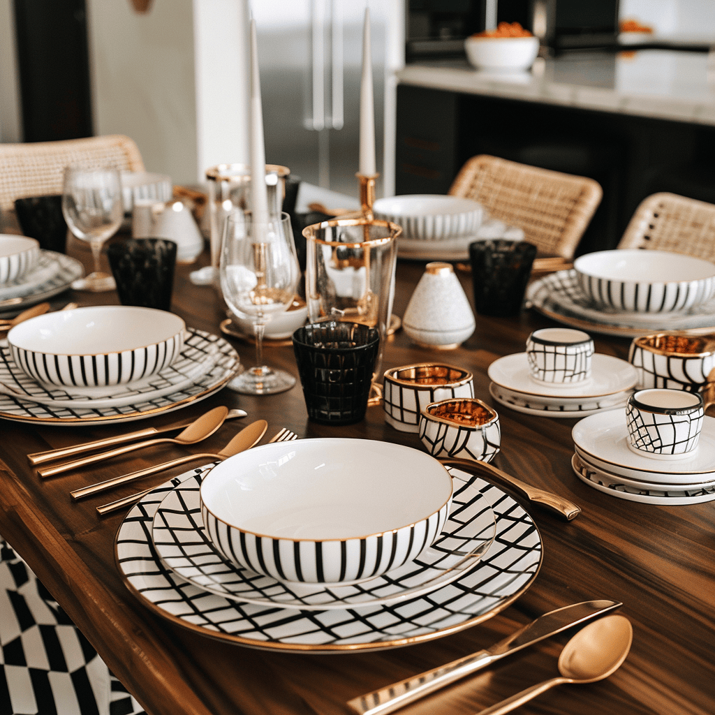 A modern dining room featuring stylish dinnerware and flatware, including coordinated sets and mixed patterns that create a cohesive and visually appealing look