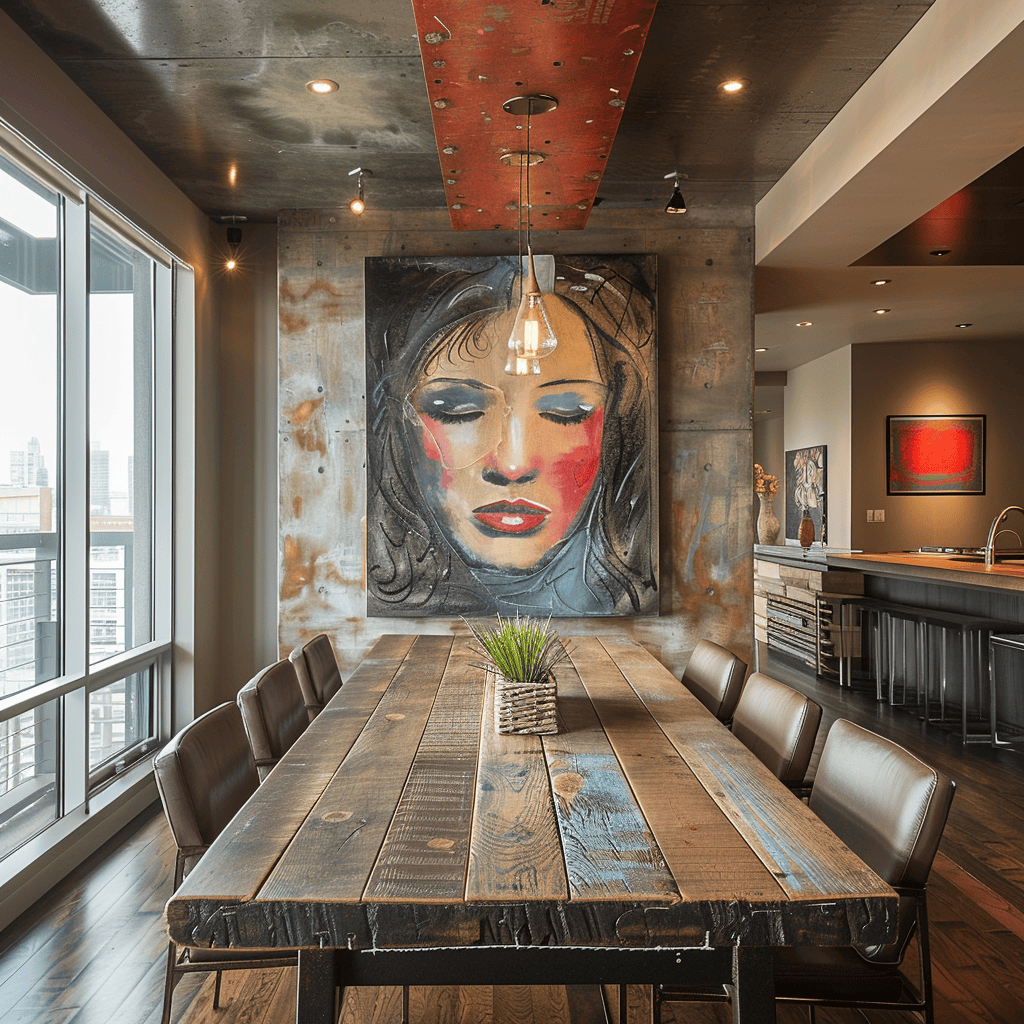 A modern dining room that embraces sustainable design through the use of recycled and reclaimed materials, repurposed elements, and eco-friendly choices that add unique character