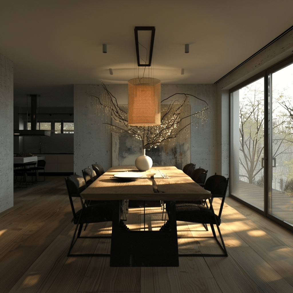 A modern dining room that encourages experimentation and personalization, with unique style, bold choices, and self-expression resulting in an inspiring design