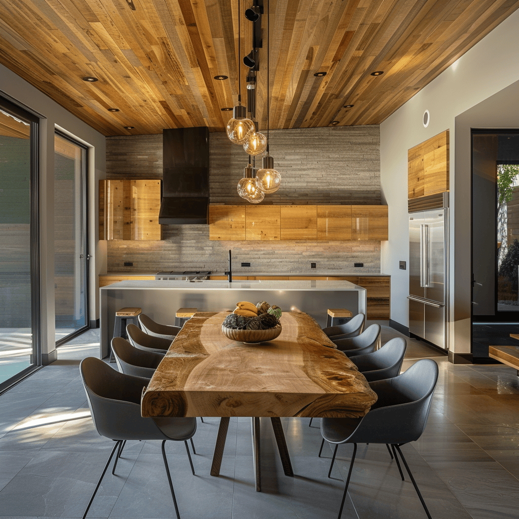 A modern dining room that prioritizes sustainable and eco-friendly design through the use of sustainable materials, energy-efficient lighting, recycled elements, and eco-conscious choices