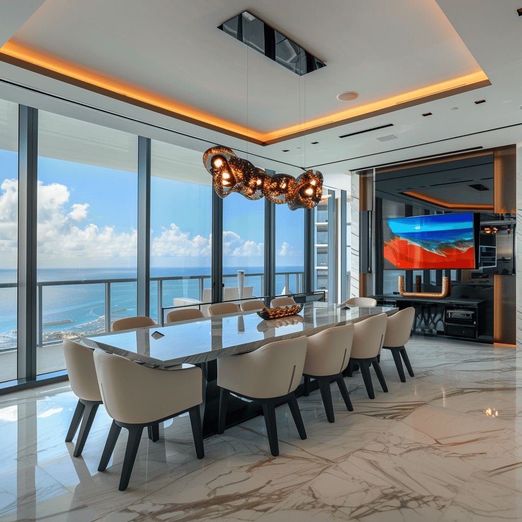 A modern dining room that seamlessly integrates technology, including smart features, convenient controls, and integrated entertainment options