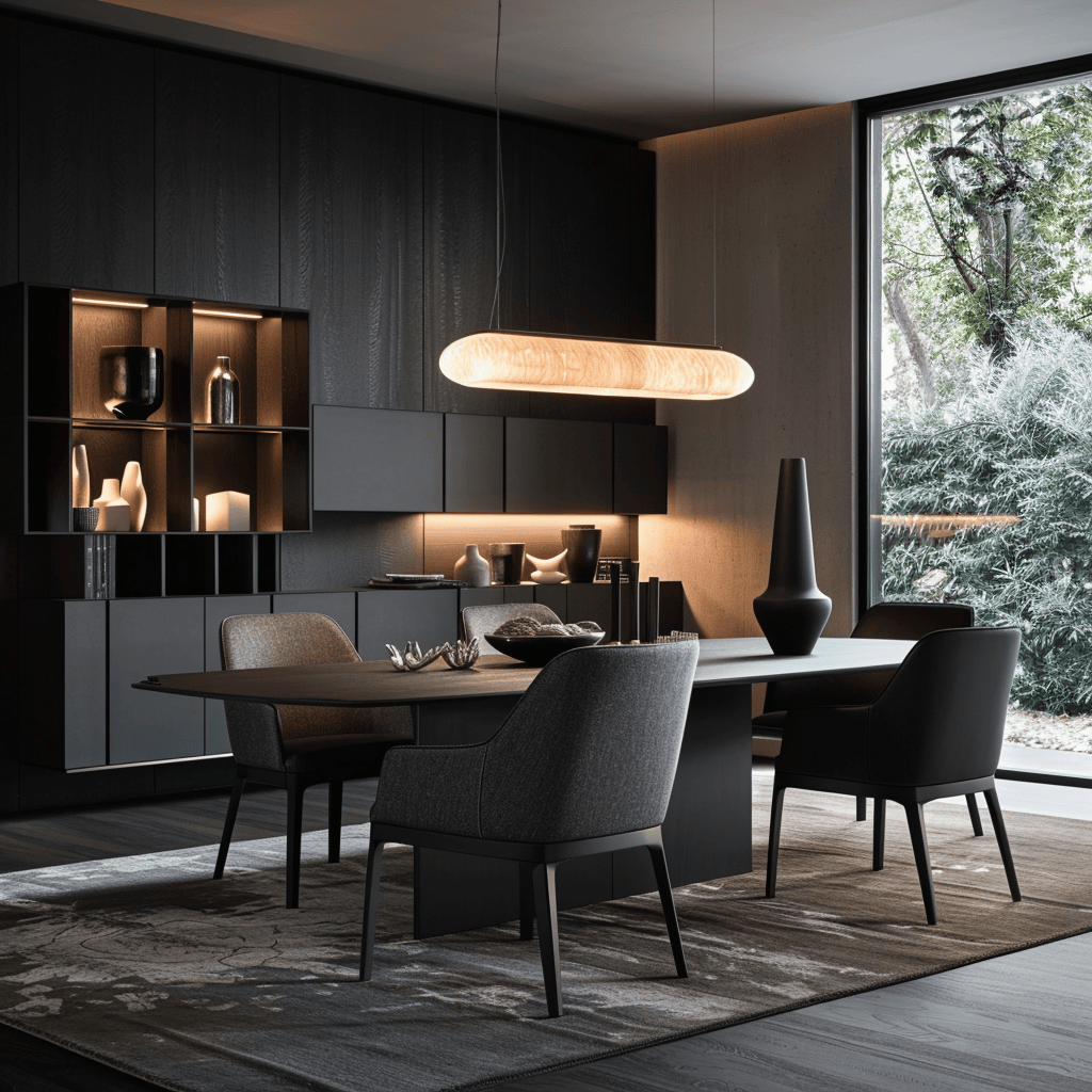 A modern dining room with a dining table as the central focus, featuring a sleek design, durable materials, and adaptable sizing to suit various needs