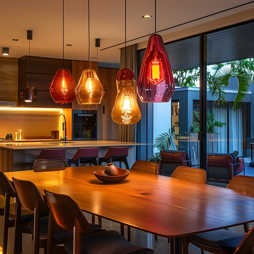 A modern dining room with colored glass pendant lights in shades of amber and red, casting a warm and inviting glow over the space