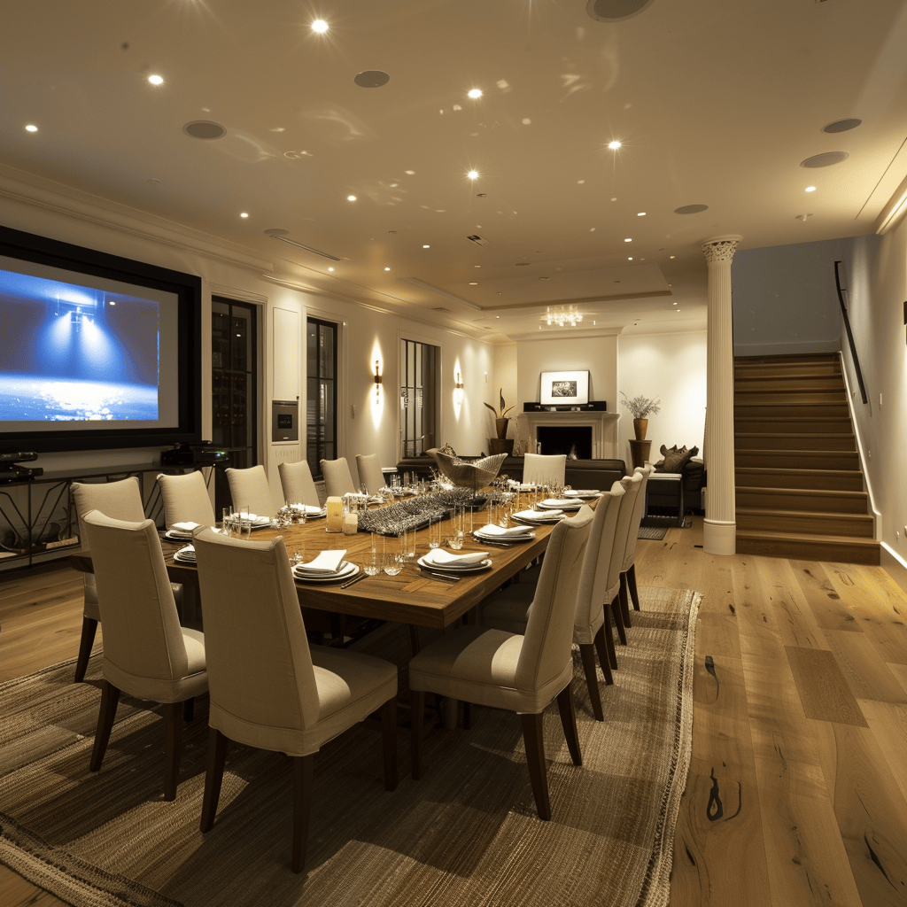 A modern dining room with integrated audio and visual systems, including built-in speakers, hidden screens, and seamless entertainment options for an elevated dining experience